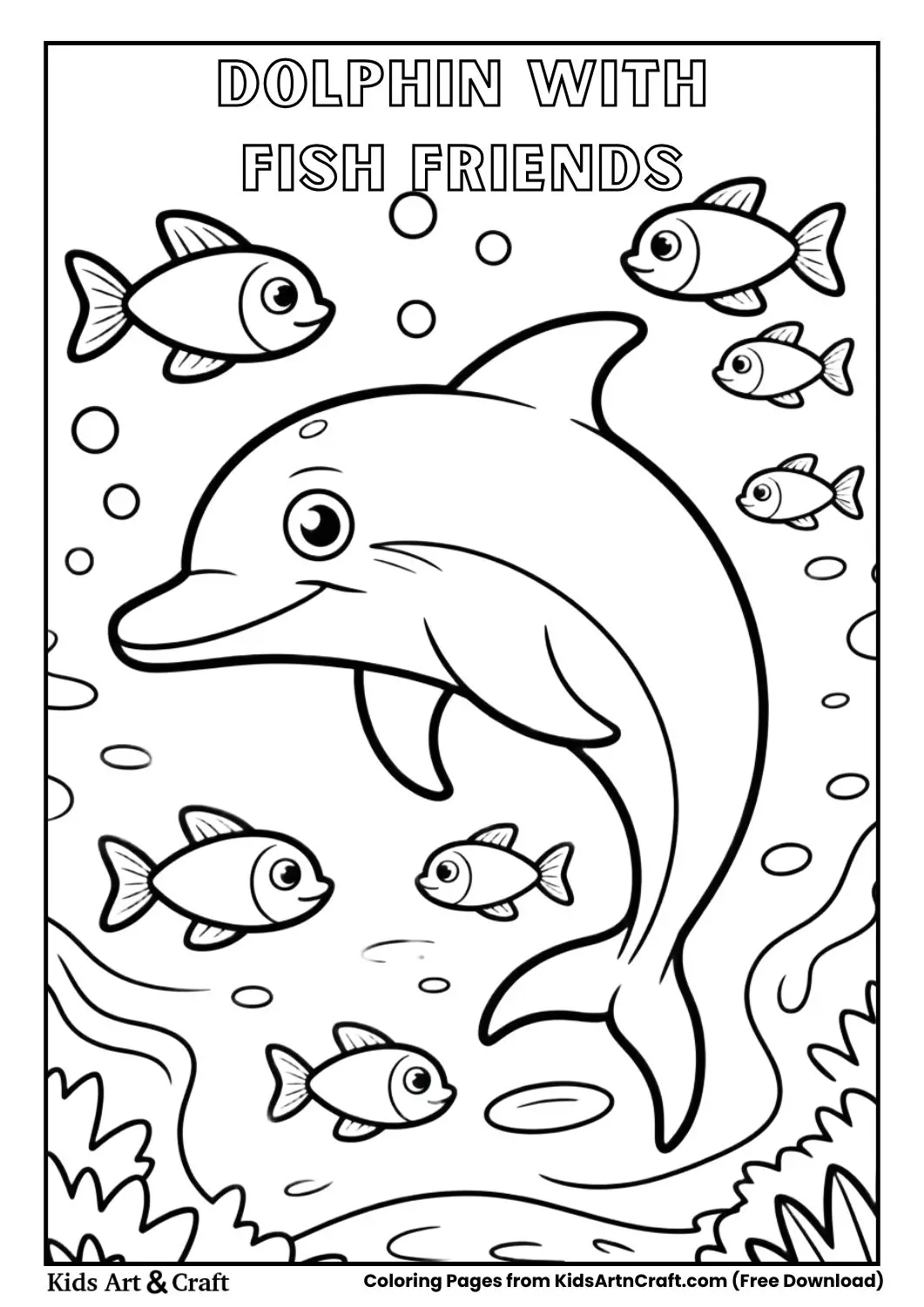 Dolphin swimming with small fish friends coloring page
