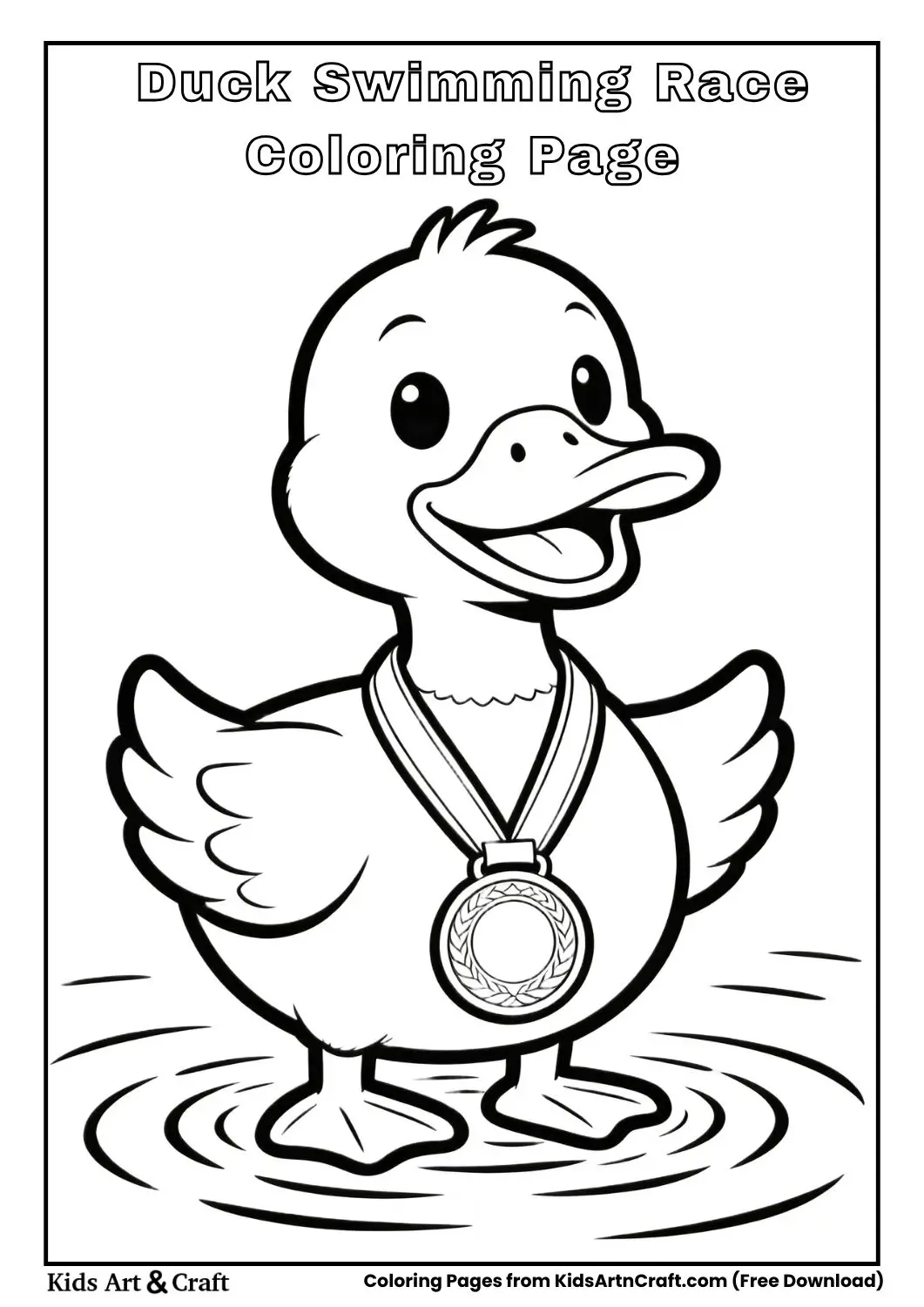 Cartoon duck swimming race black and white coloring page