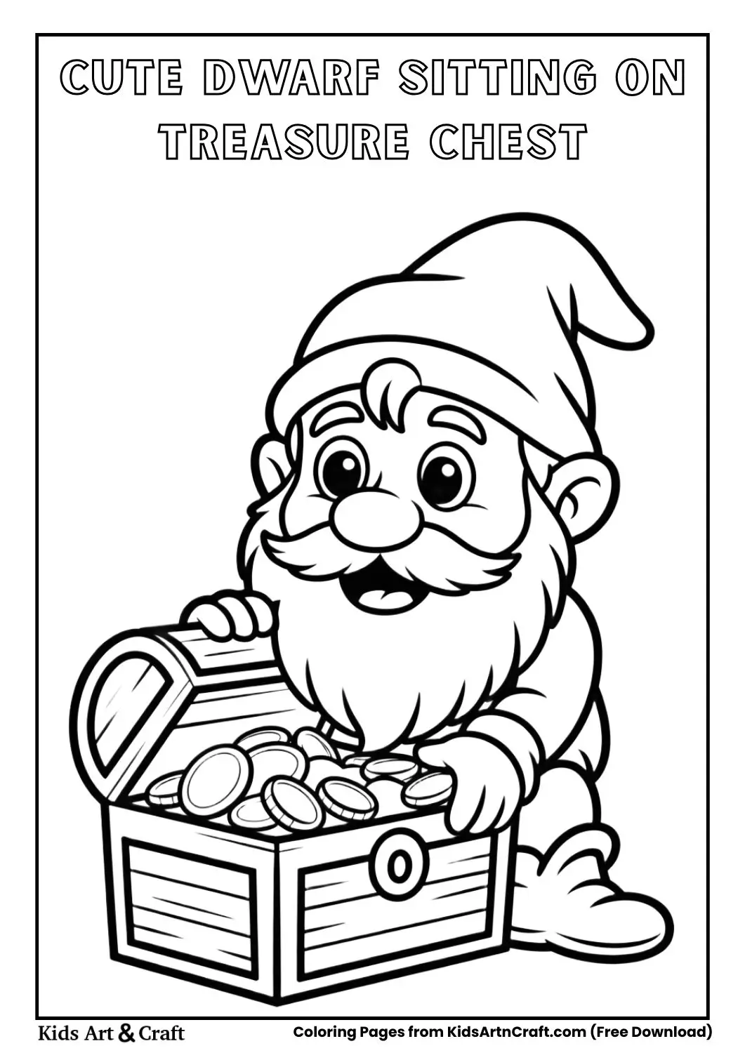 Smiling dwarf sitting on treasure chest filled with coins simple coloring page line art