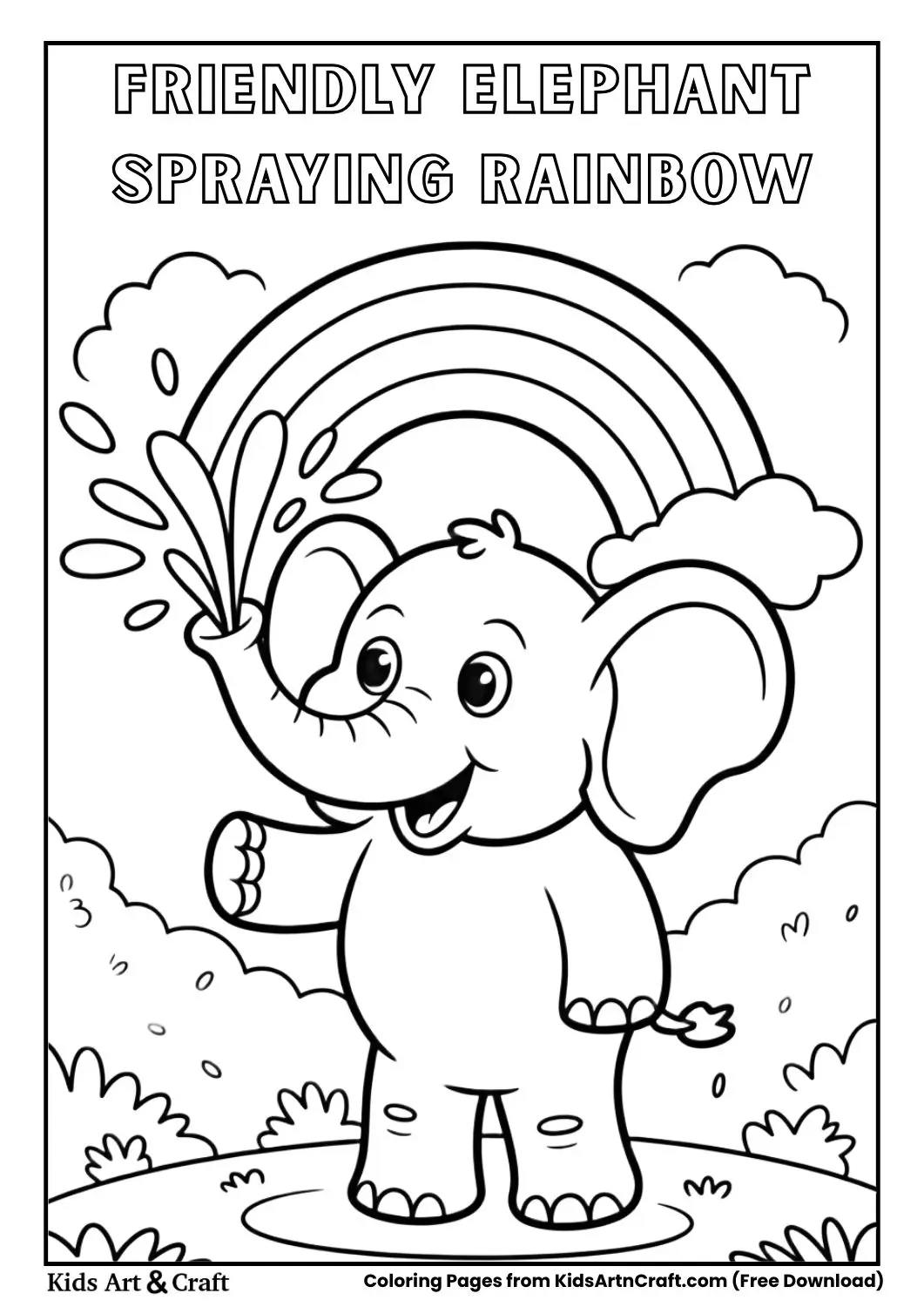 black and white coloring page of a cartoon elephant spraying water forming a rainbow