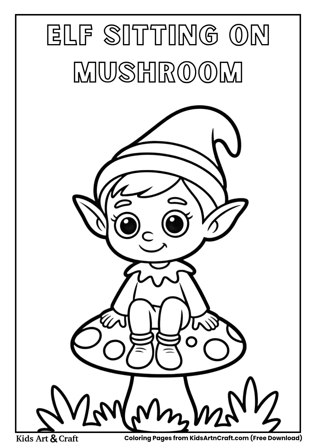Cute elf sitting on a mushroom forest coloring page