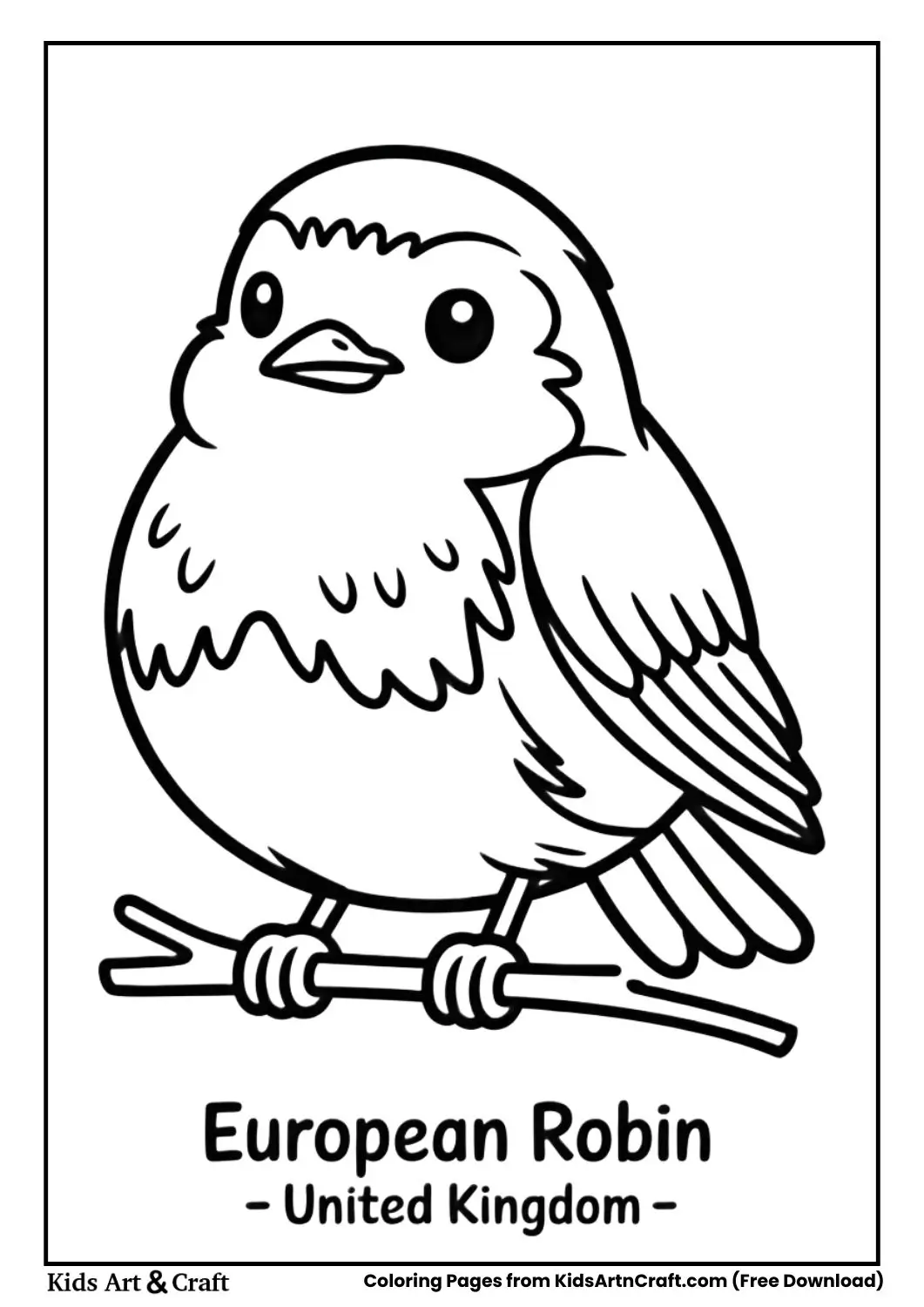 Simple black and white drawing of European Robin sitting on twig labeled United Kingdom