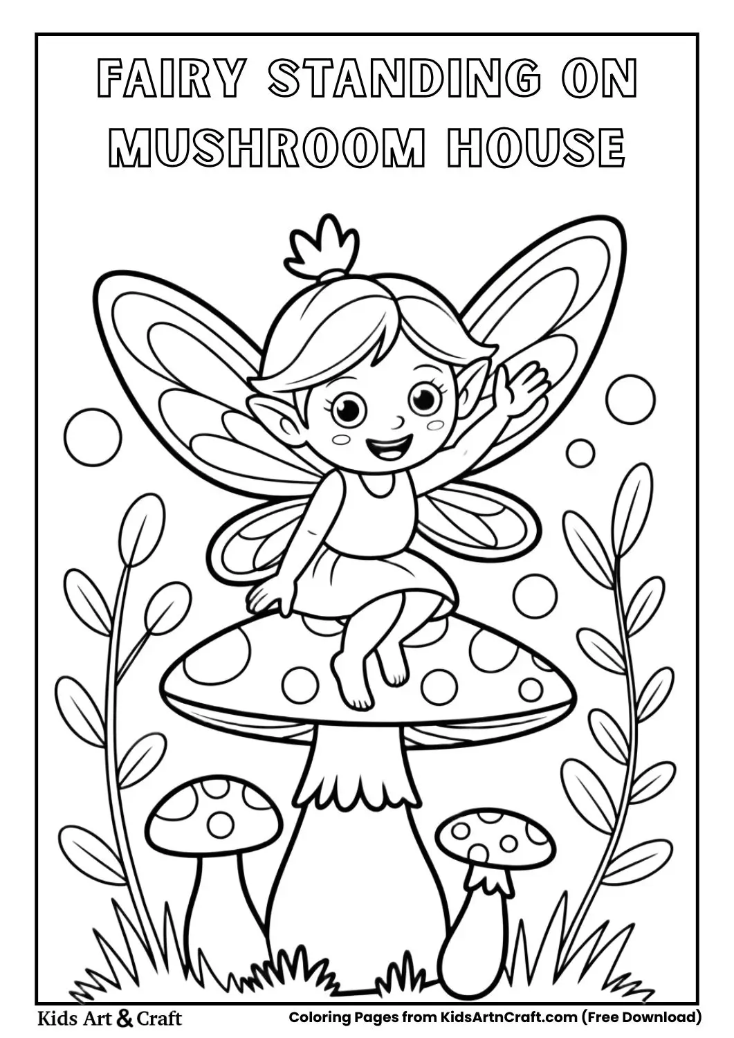 Fairy standing on a mushroom house coloring page for kids