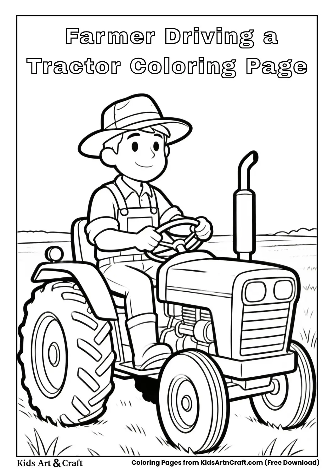 Black and white coloring page of a farmer driving a tractor in an open field.
