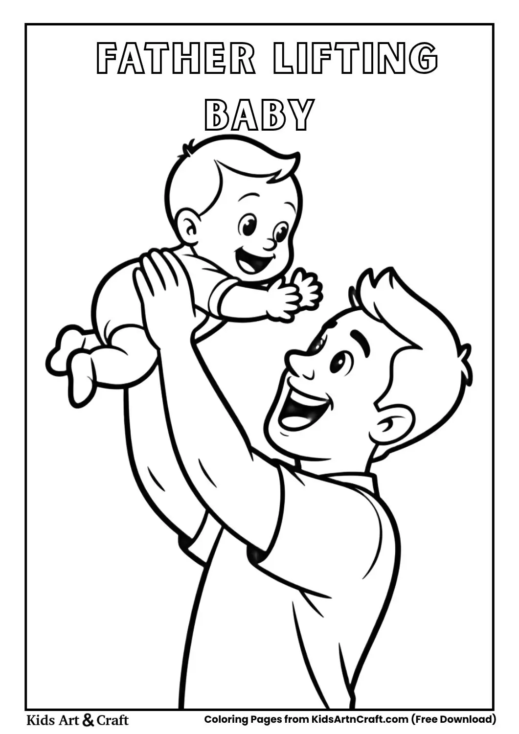 Father lifting laughing baby in the air coloring page