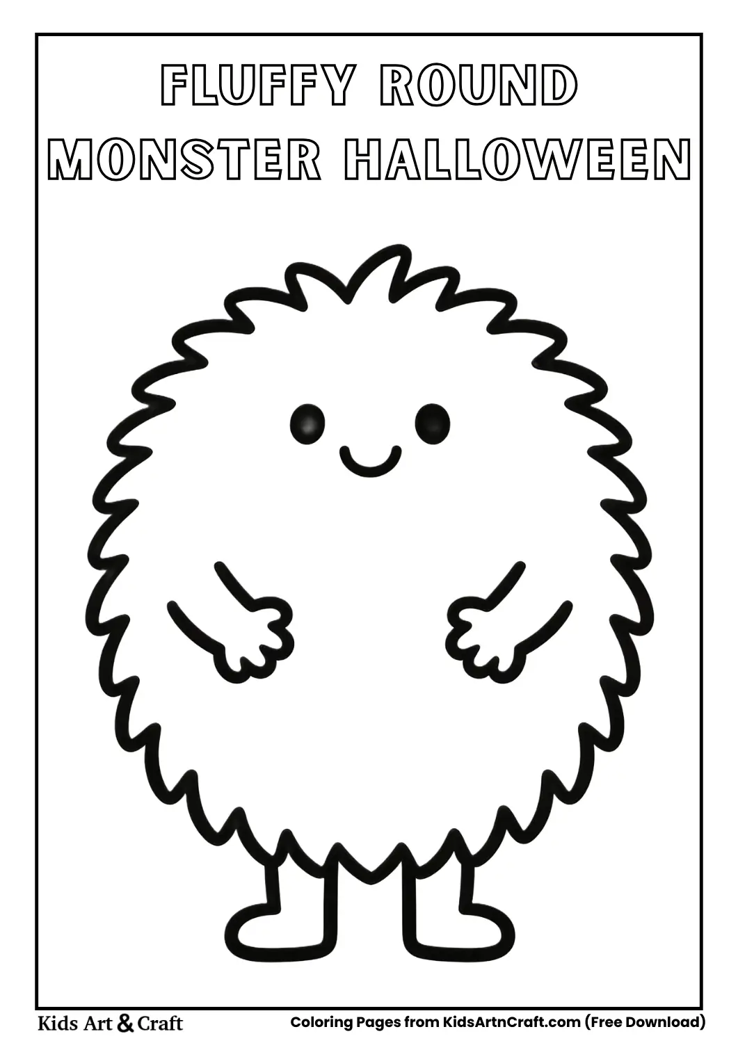Round fluffy monster with small arms and smiling face in black and white