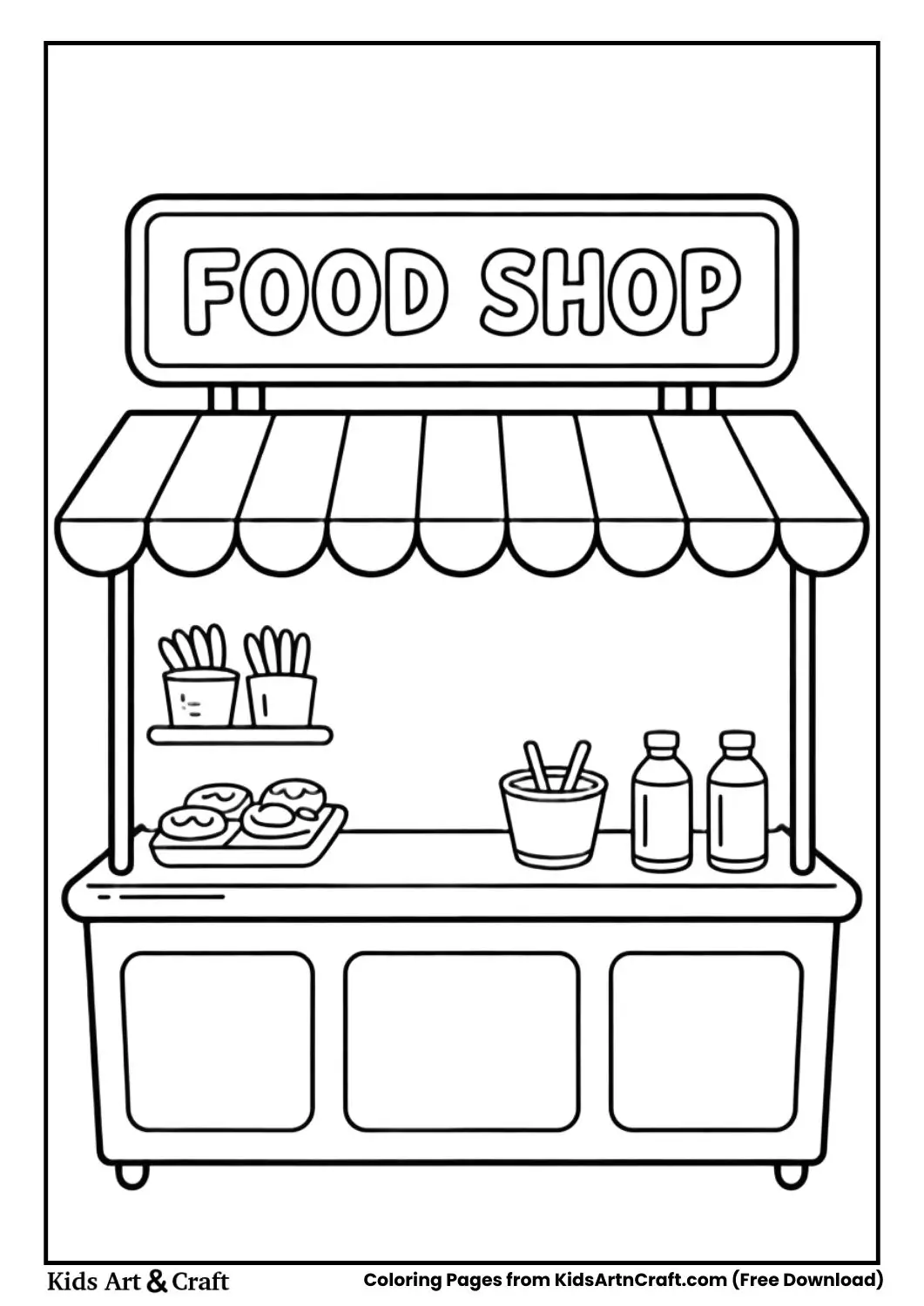 Food Shop coloring page with snacks and juice bottles