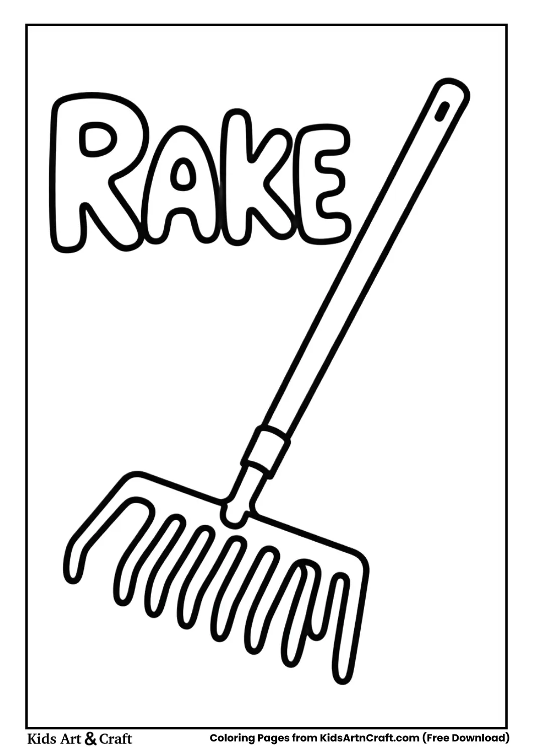 Simple black and white garden rake coloring page with bold lines and labeled heading