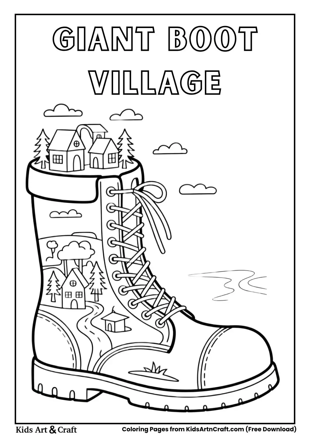 Giant boot with a small village inside simple black and white coloring page