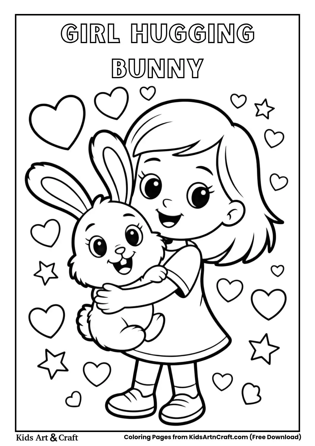Cute girl hugging fluffy bunny cartoon coloring page for kids