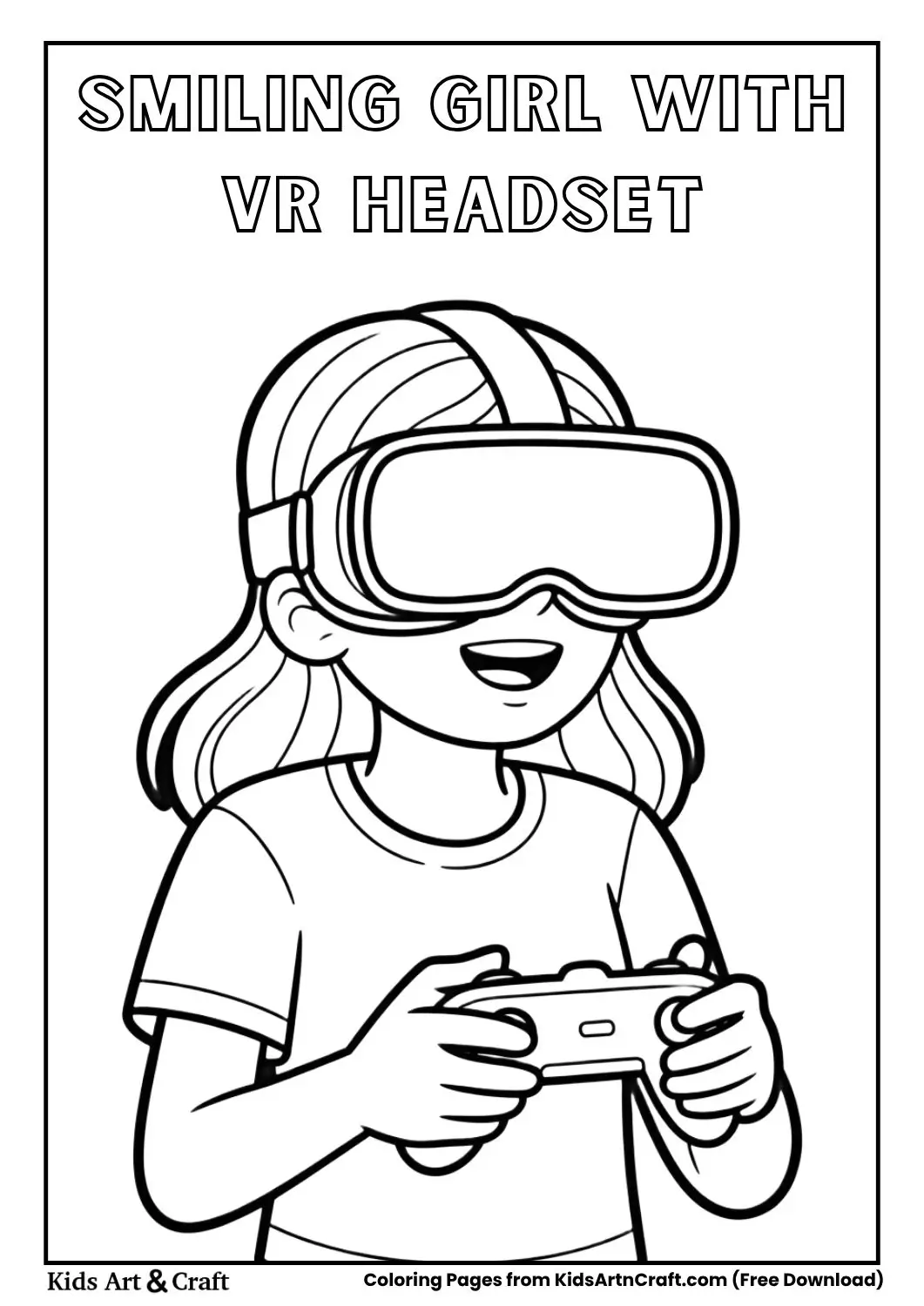 smiling girl wearing virtual reality headset holding controller coloring page for kids