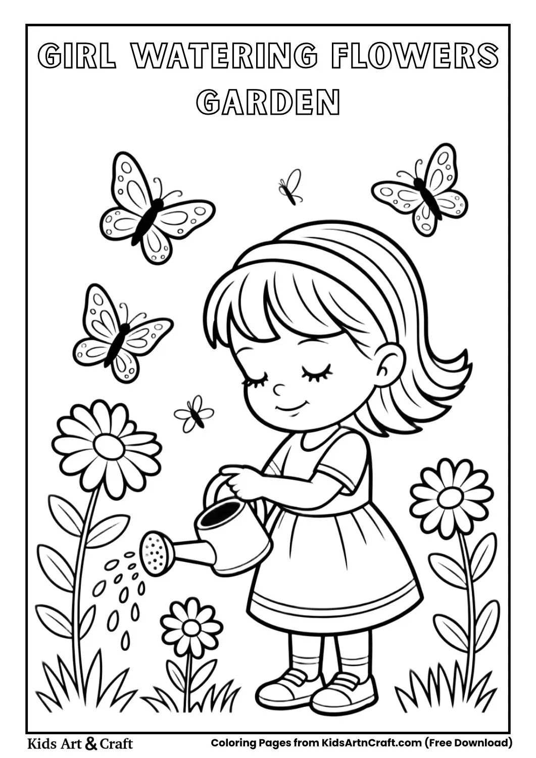 girl watering flowers in garden coloring page