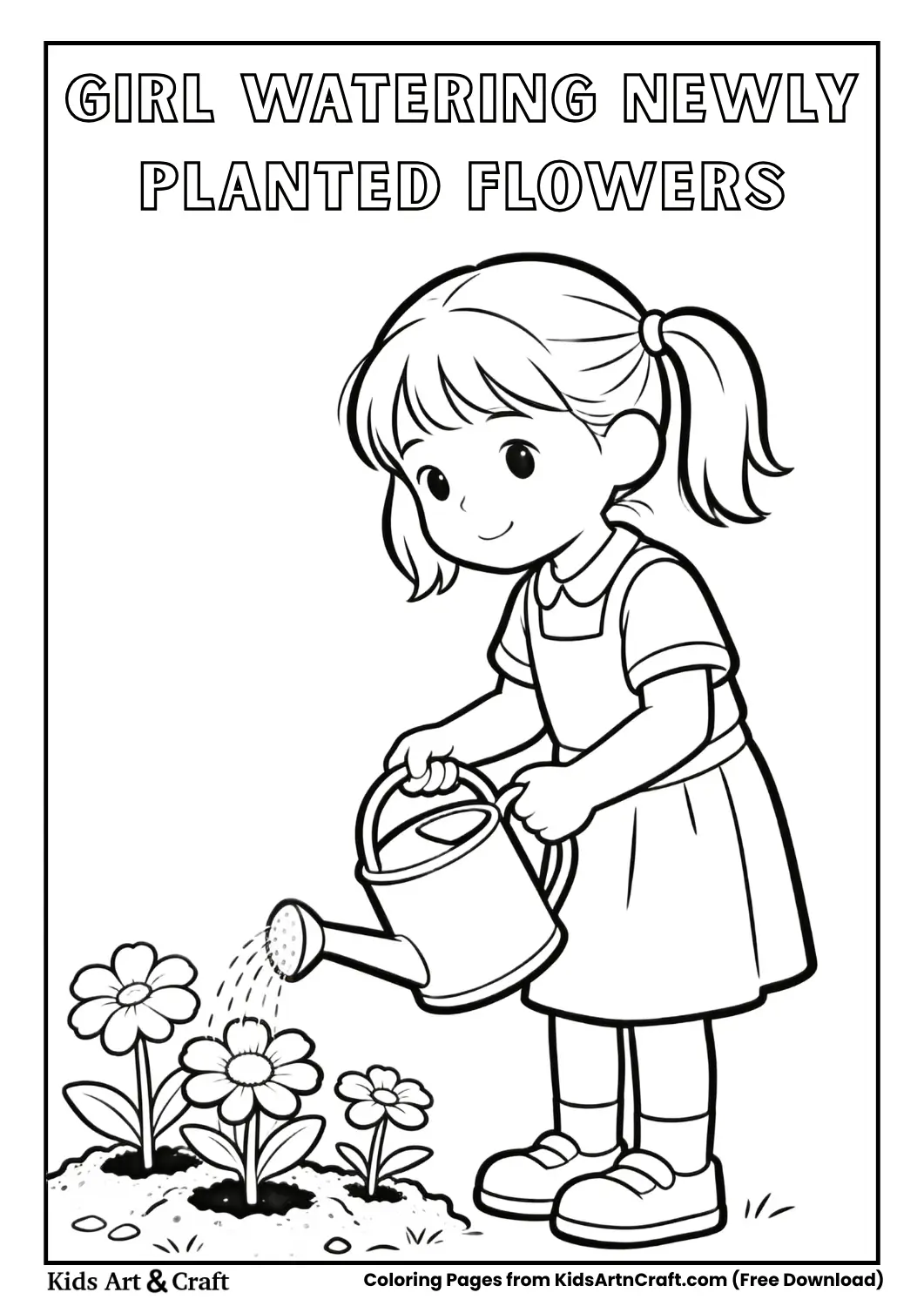 Black and white drawing of a girl watering flowers with a watering can