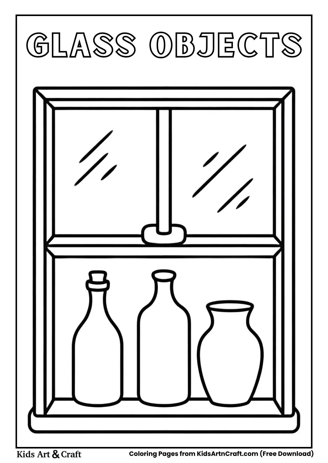 Kids coloring page featuring a window, bottle, jar, and vase made of glass.