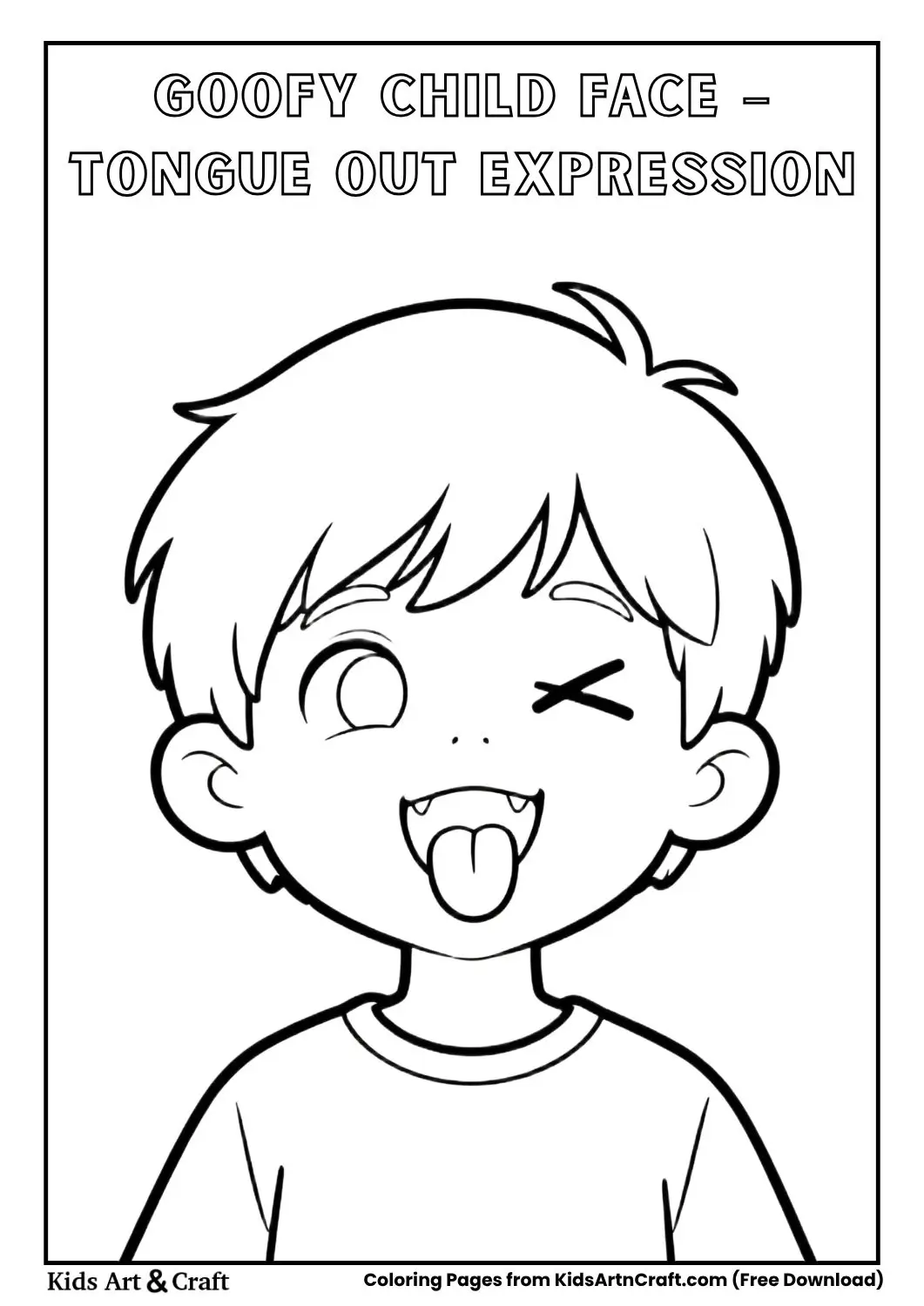 child goofy face tongue out crossed eyes coloring page