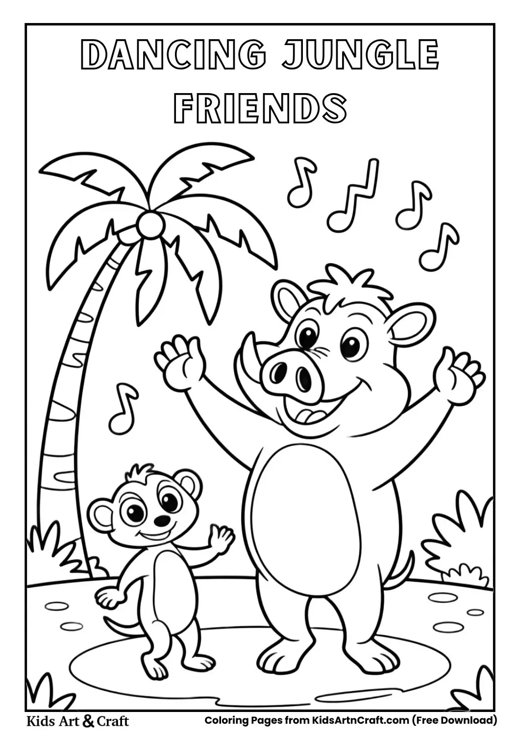 Meerkat and warthog dancing in the jungle black and white coloring page