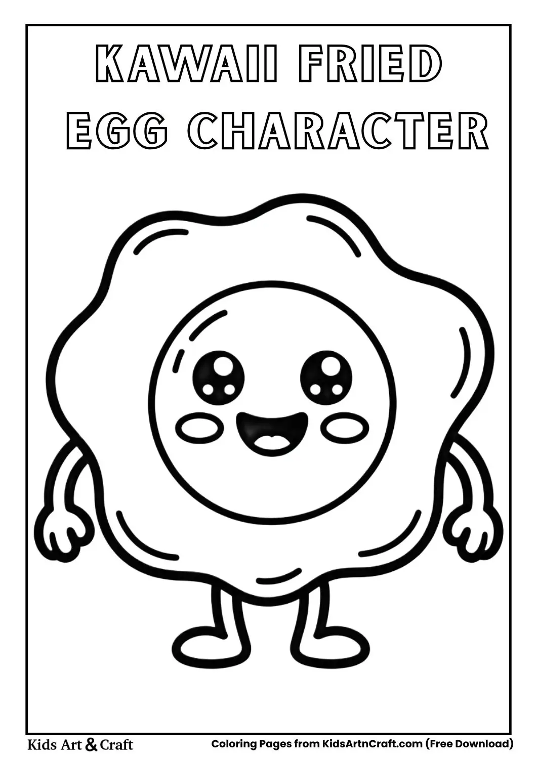 Kawaii fried egg character with smiling yolk black and white coloring page