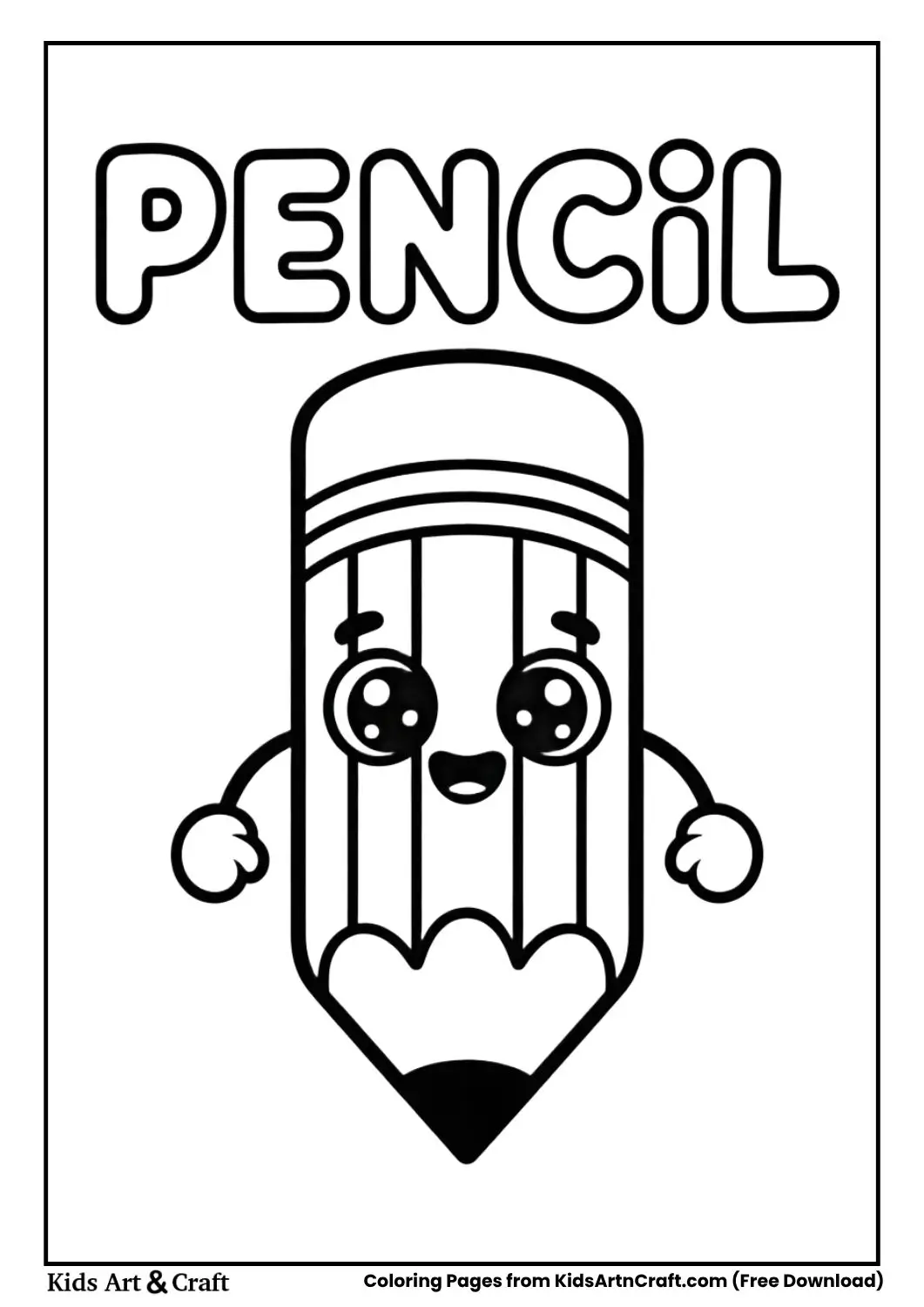 kawaii cartoon pencil coloring page black and white for kids