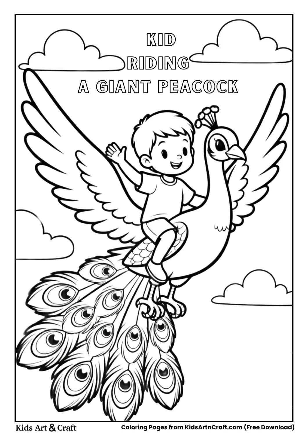 kid riding giant peacock coloring page simple black and white line drawing