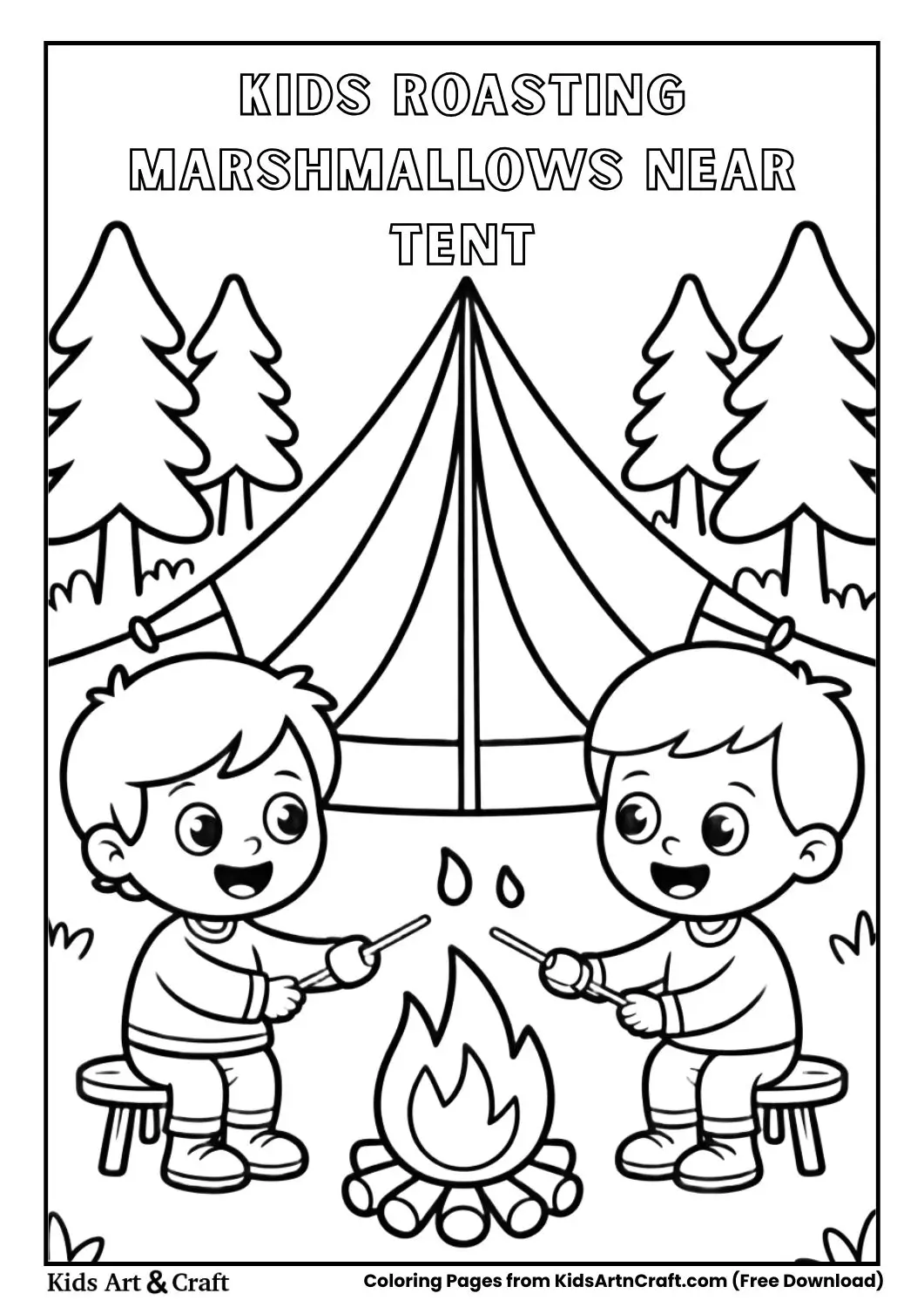 kids roasting marshmallows near camping tent coloring page