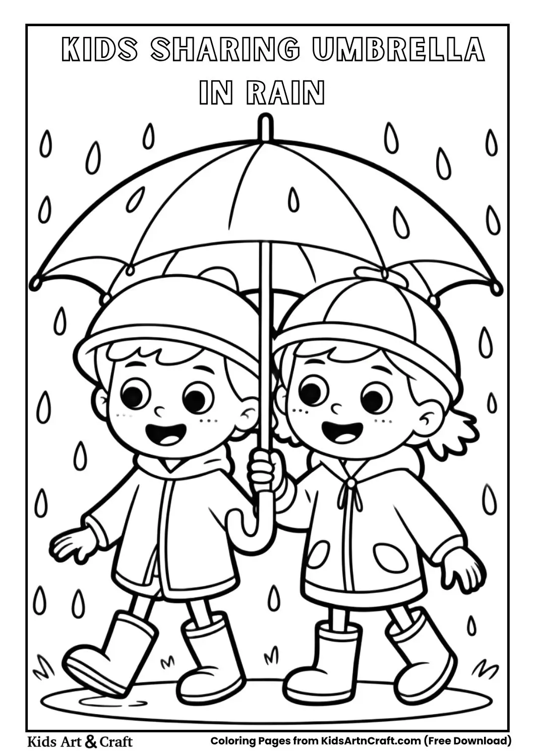 Two children sharing an umbrella while walking in rain coloring page.