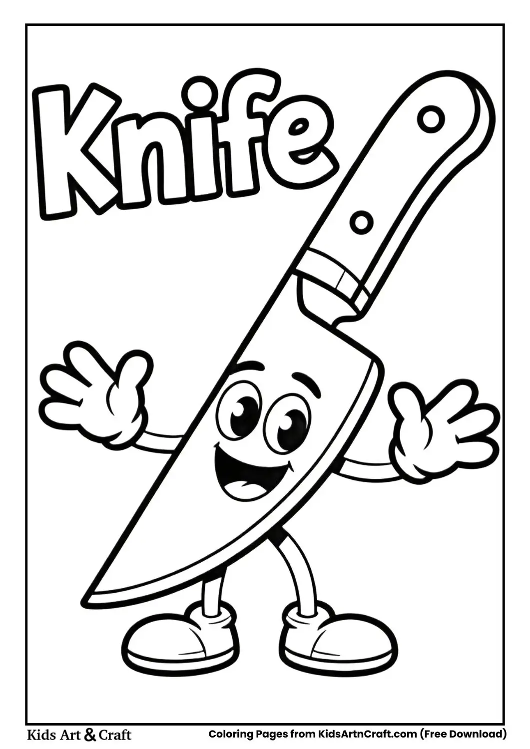 Cartoon kitchen knife black and white coloring page with the word KNIFE on top