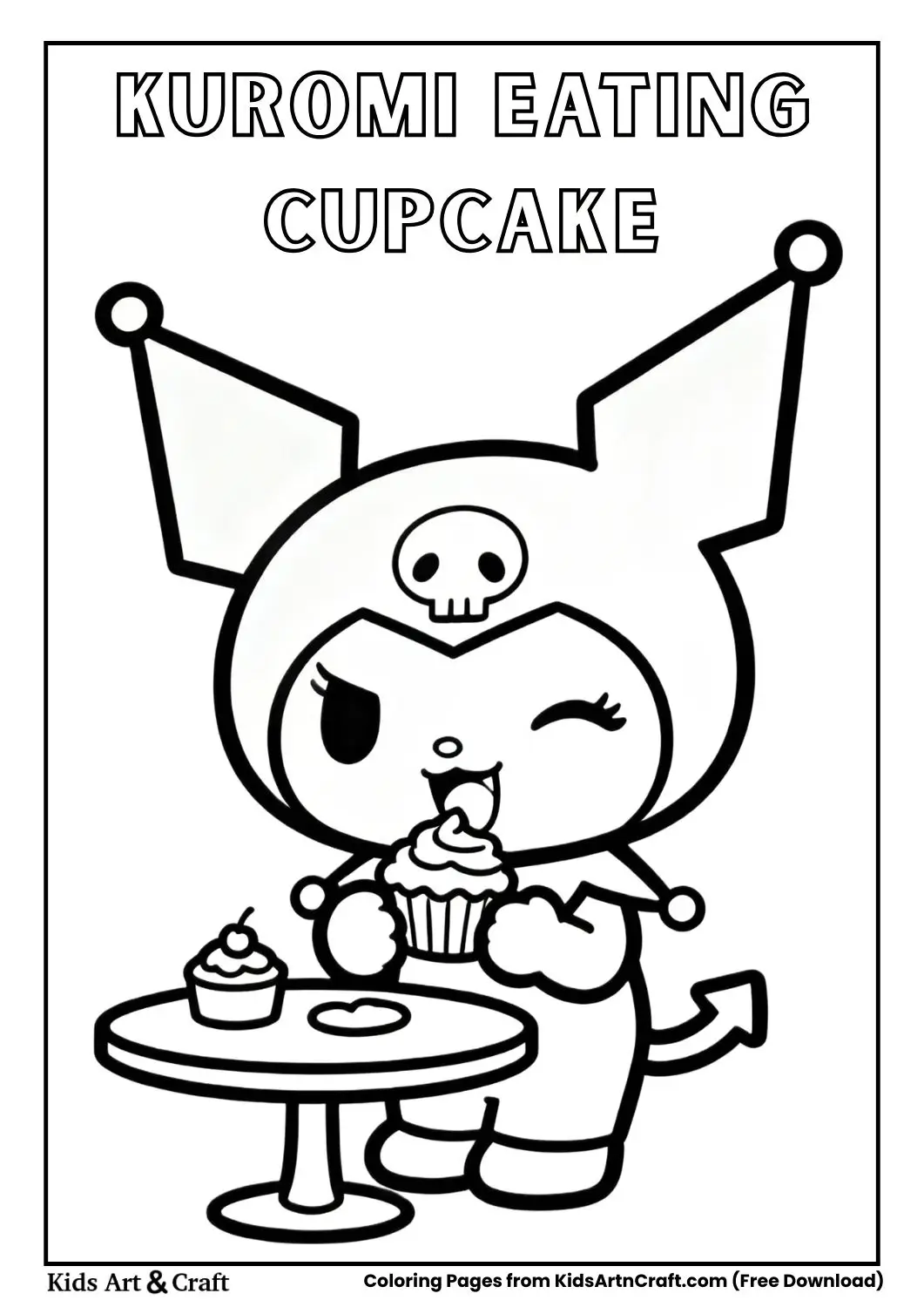 Kuromi eating a cupcake black and white kids coloring page
