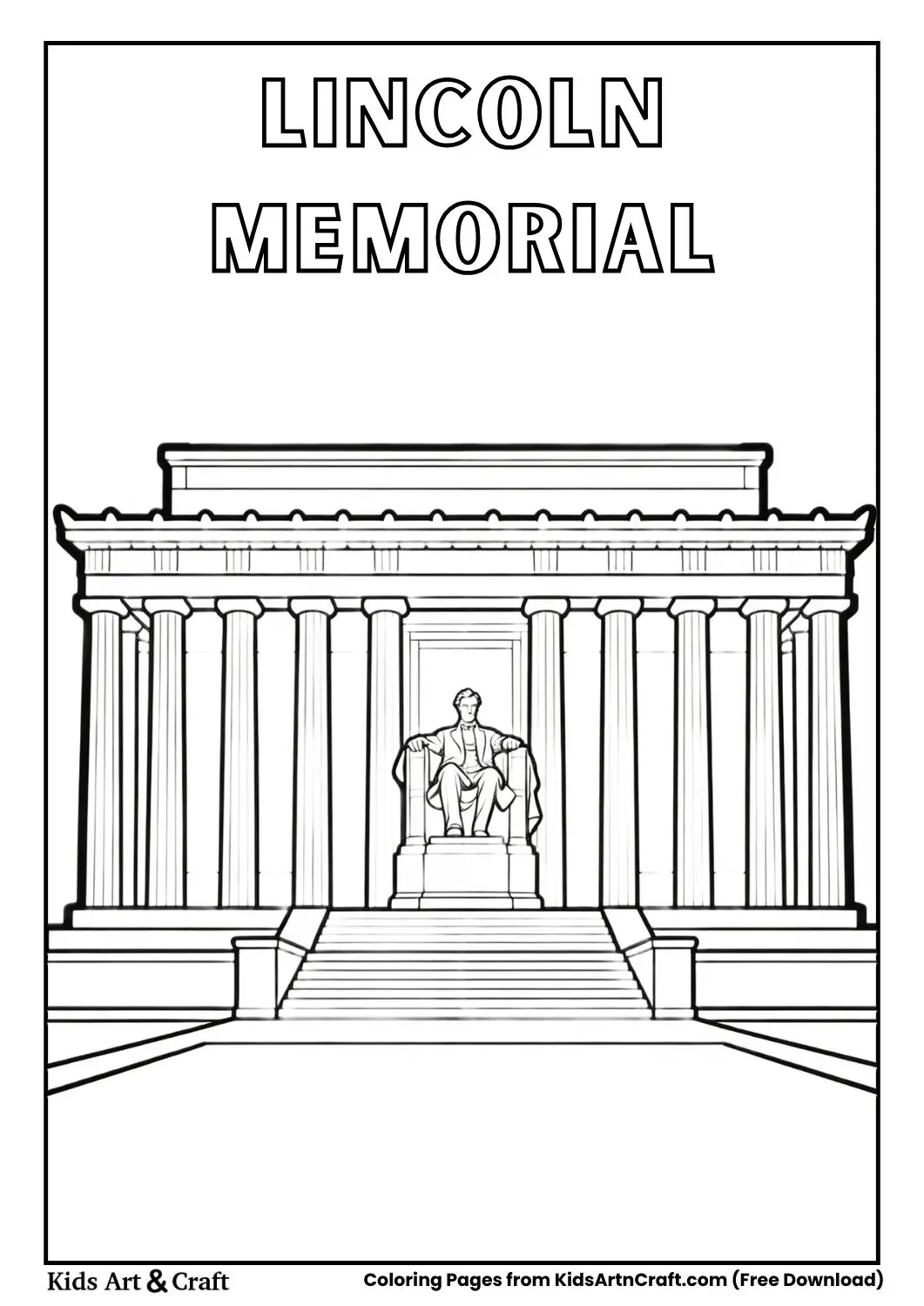 Black and white Lincoln Memorial coloring page with simple bold lines
