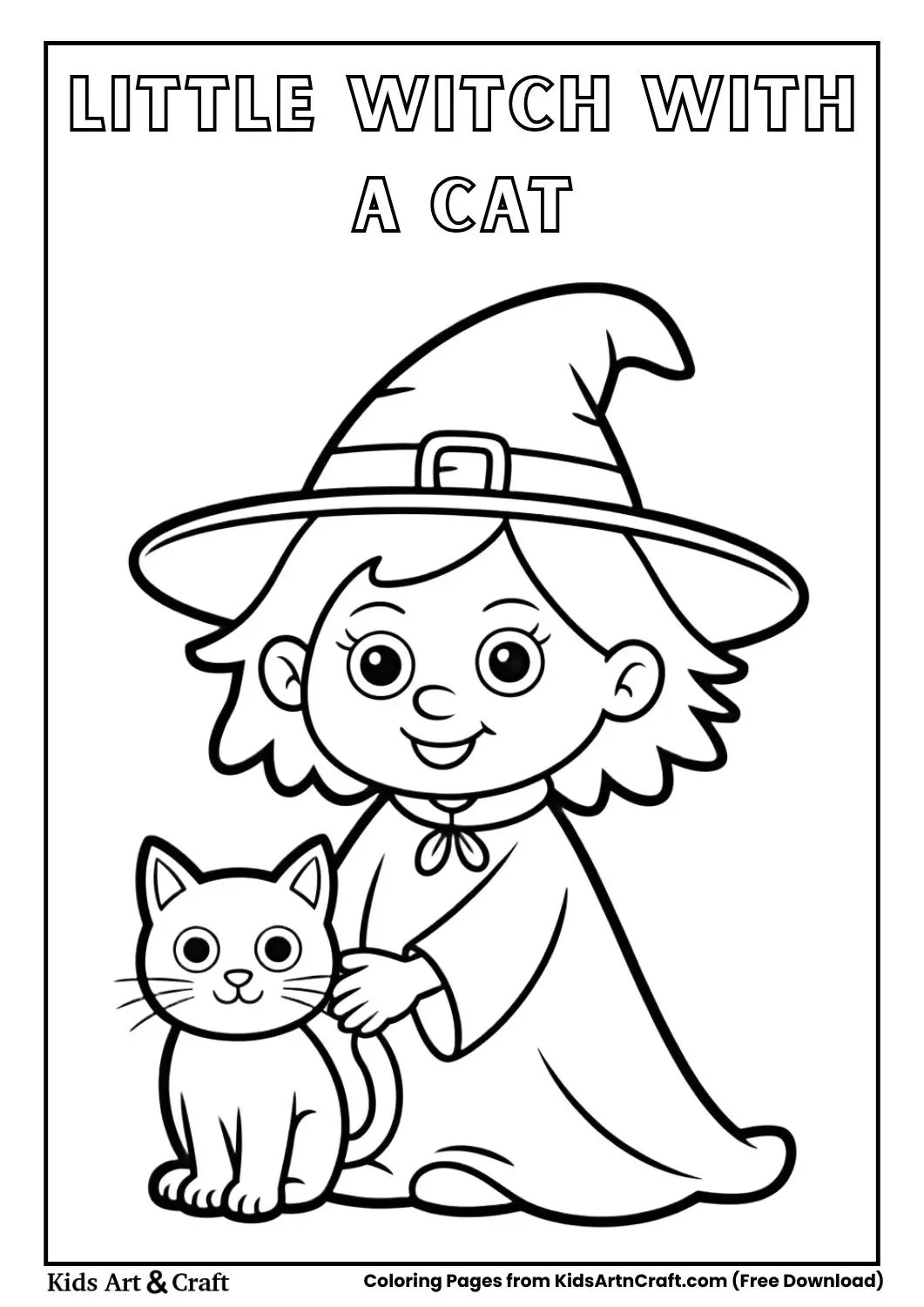 Little witch sitting with a black cat Halloween coloring page