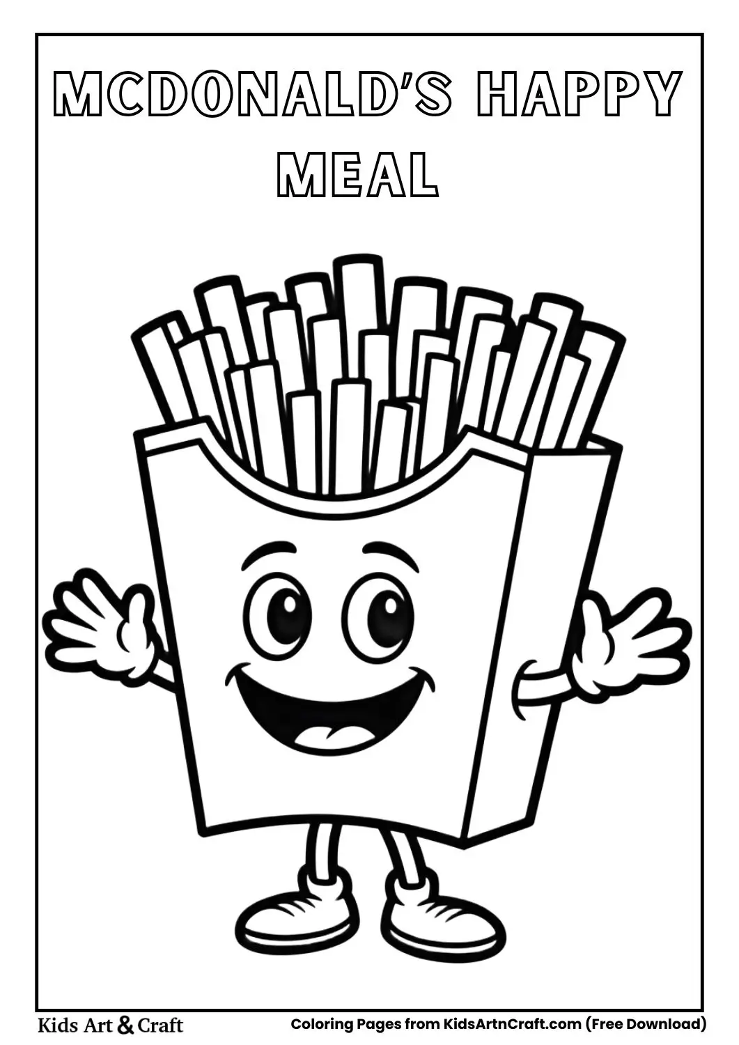 McDonald’s Happy Meal box cartoon coloring page with fries and smile