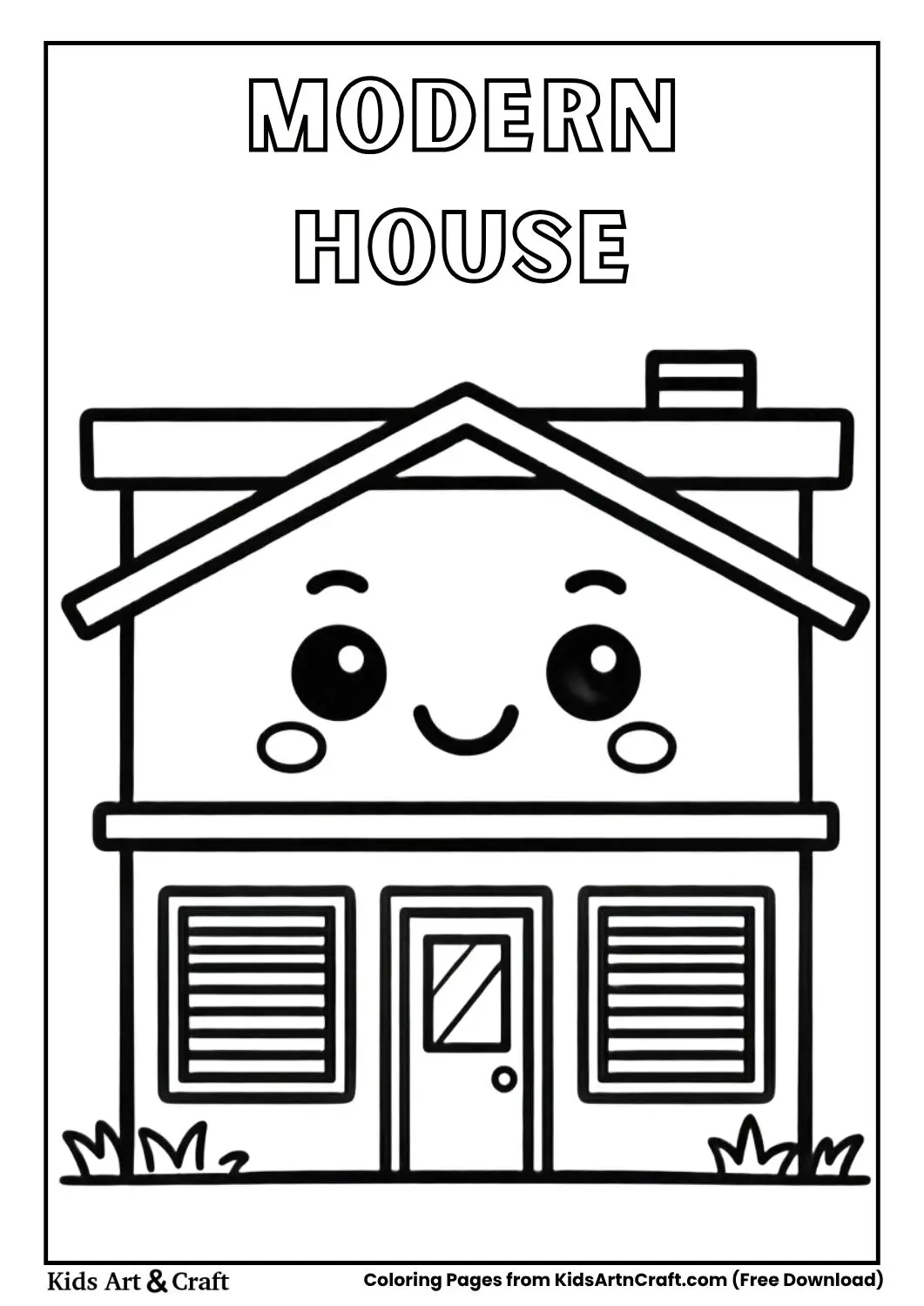 modern house with smiling face black and white printable coloring page for children