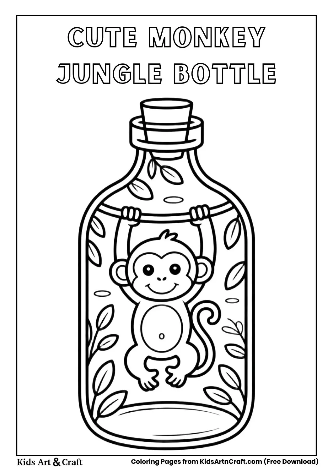 monkey inside jungle bottle black and white coloring page for kids