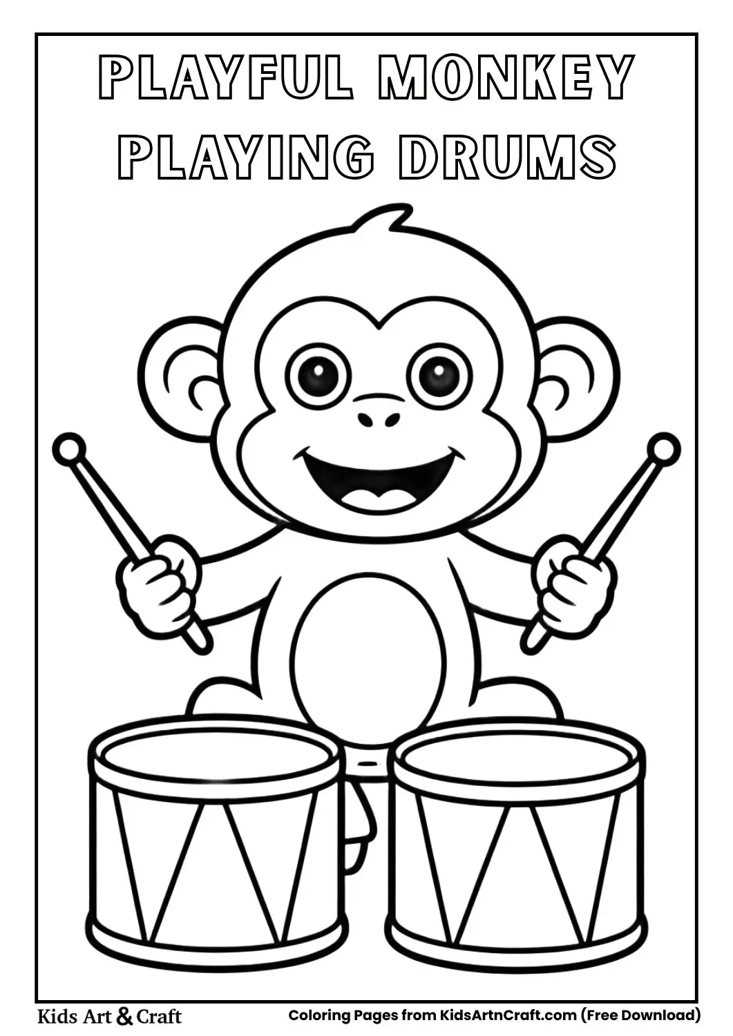 Black and white coloring page of a playful monkey sitting behind drums.