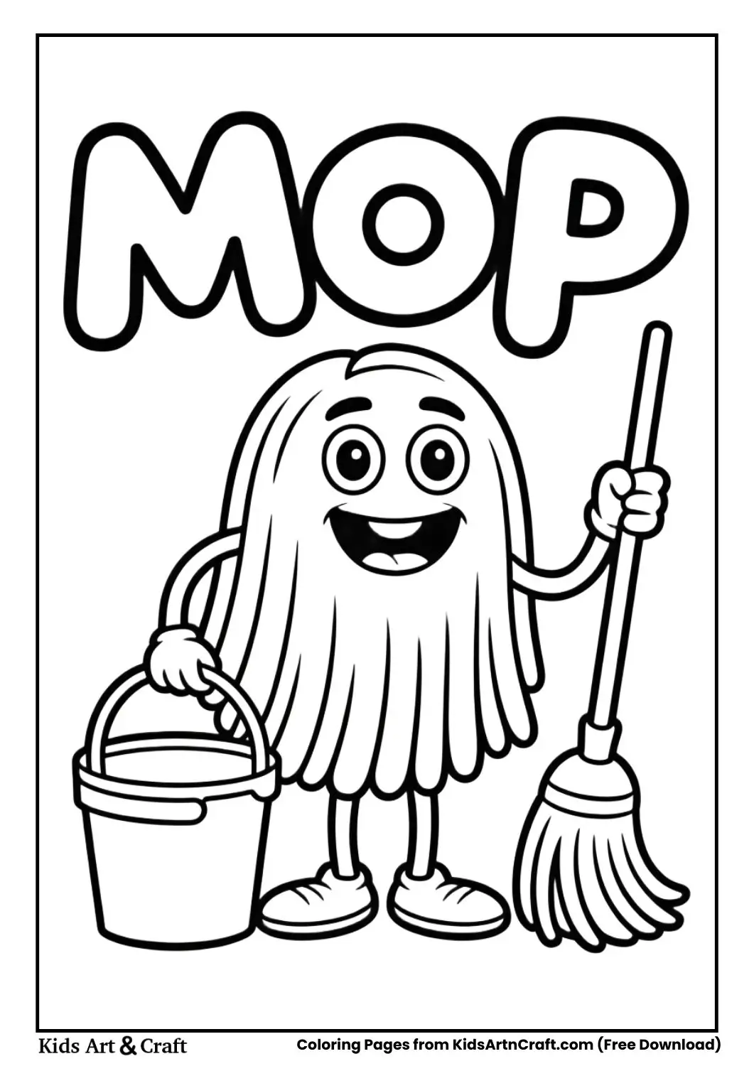 Cute cartoon mop coloring page with the word mop for kids coloring