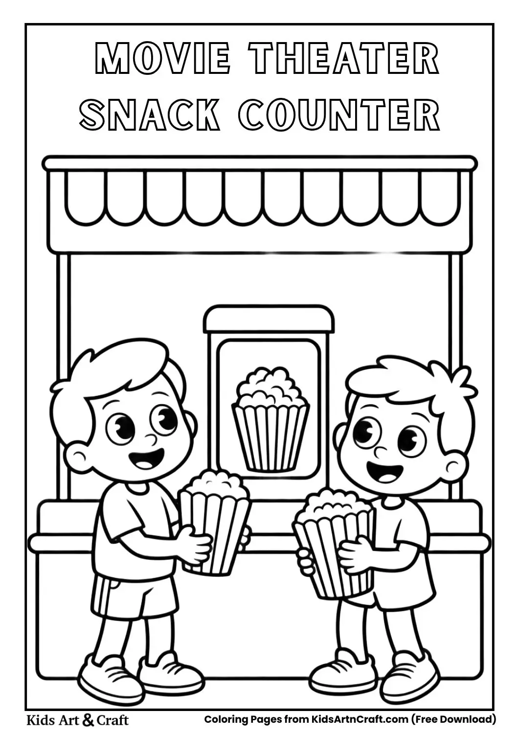 children buying popcorn at cinema snack counter coloring page