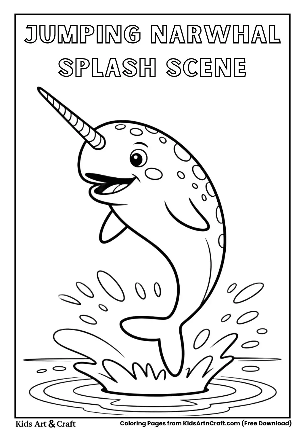 Narwhal jumping out of water with splash coloring page