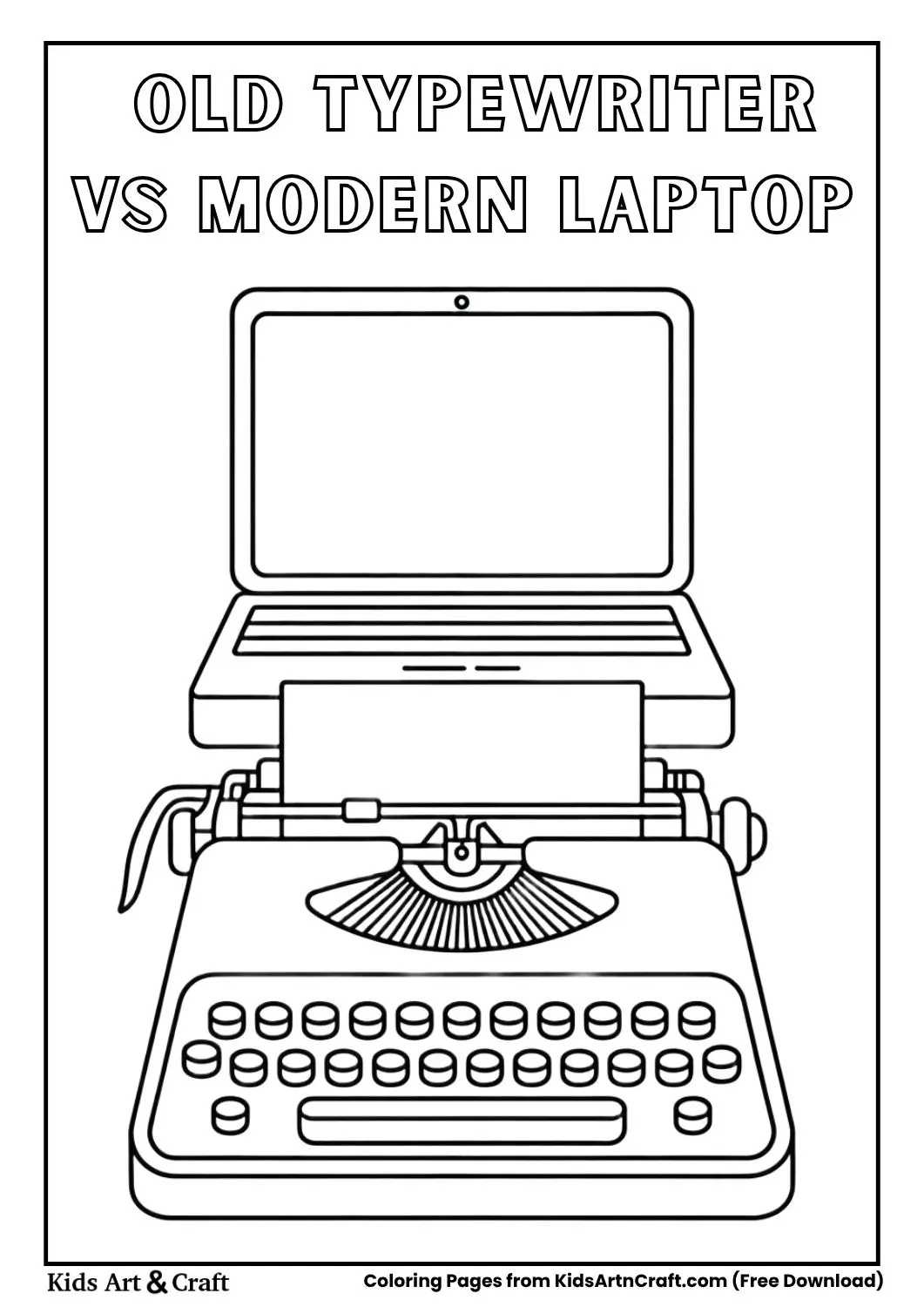 Old typewriter and modern laptop simple black and white coloring page