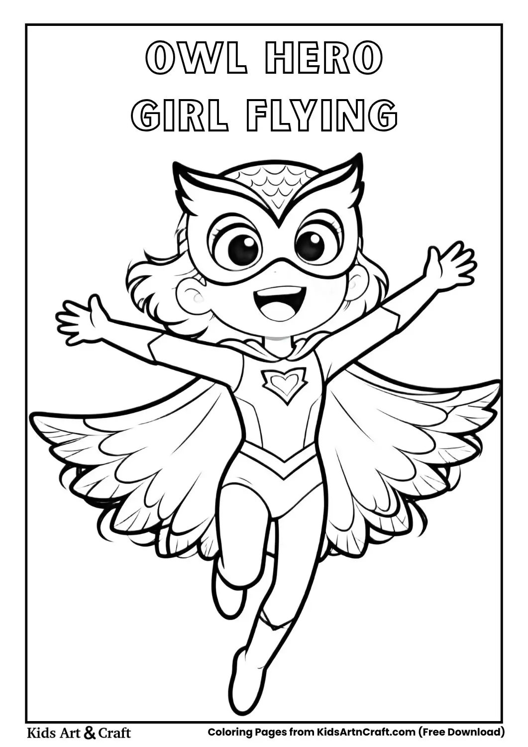Owl-themed superhero girl flying with wings spread coloring page