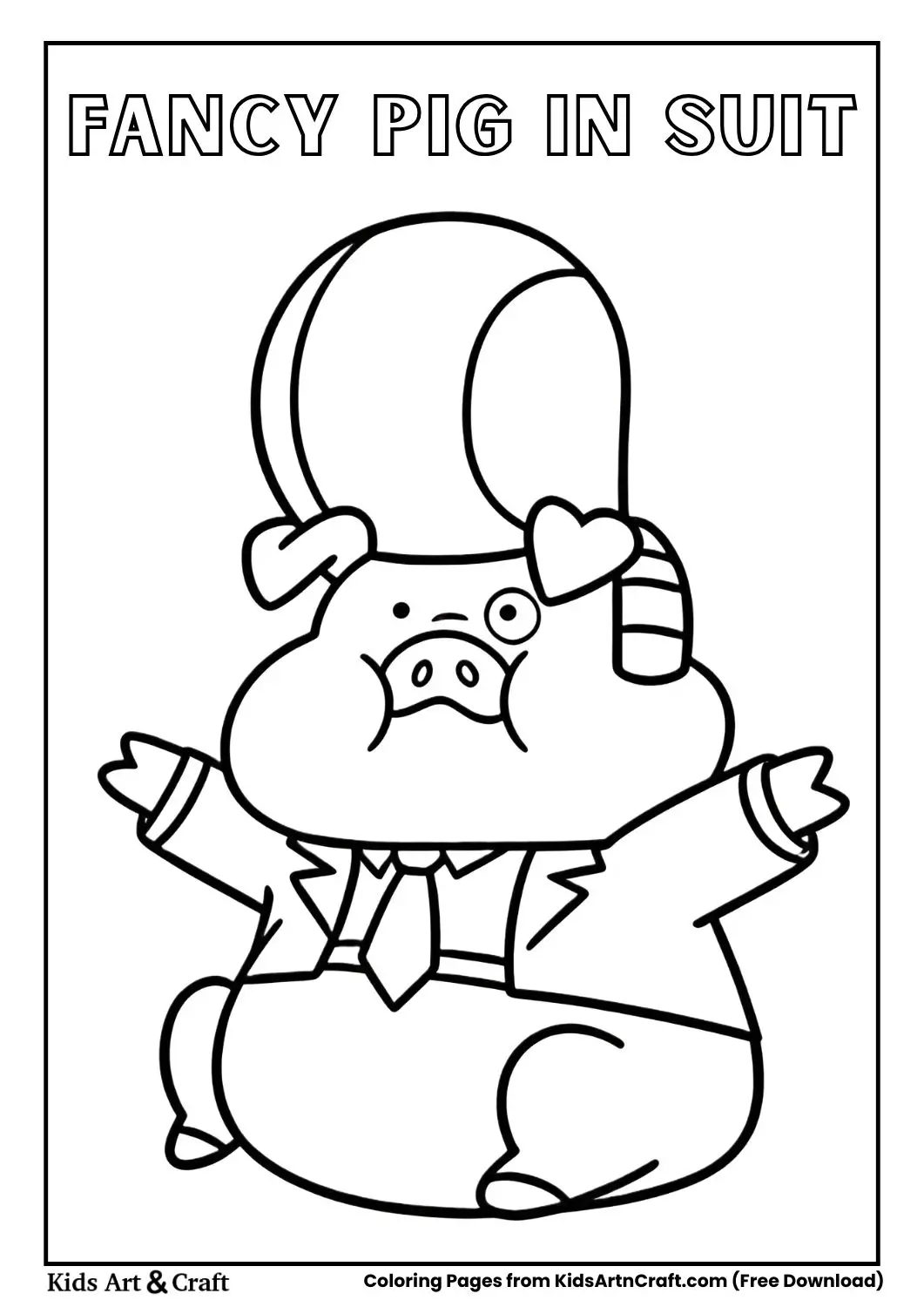 Cartoon pig wearing a suit and large hat sitting with arms open