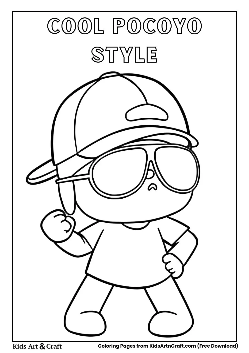 Pocoyo wearing a cap and sunglasses in a confident pose