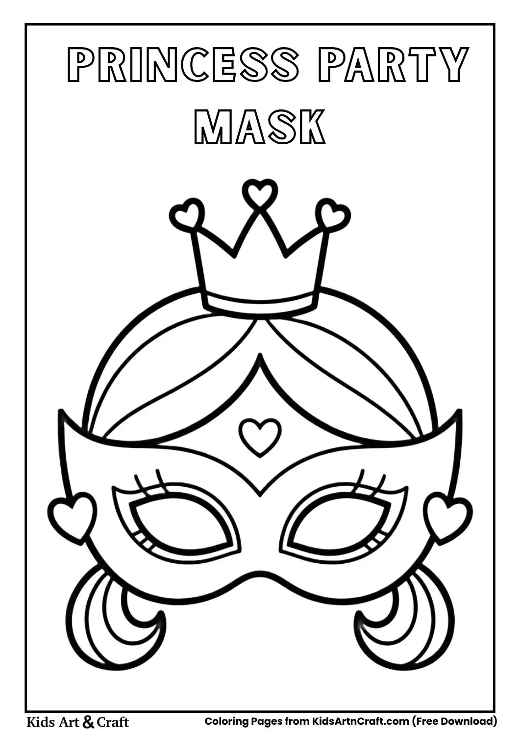 princess mask with crown and hearts simple kids coloring page