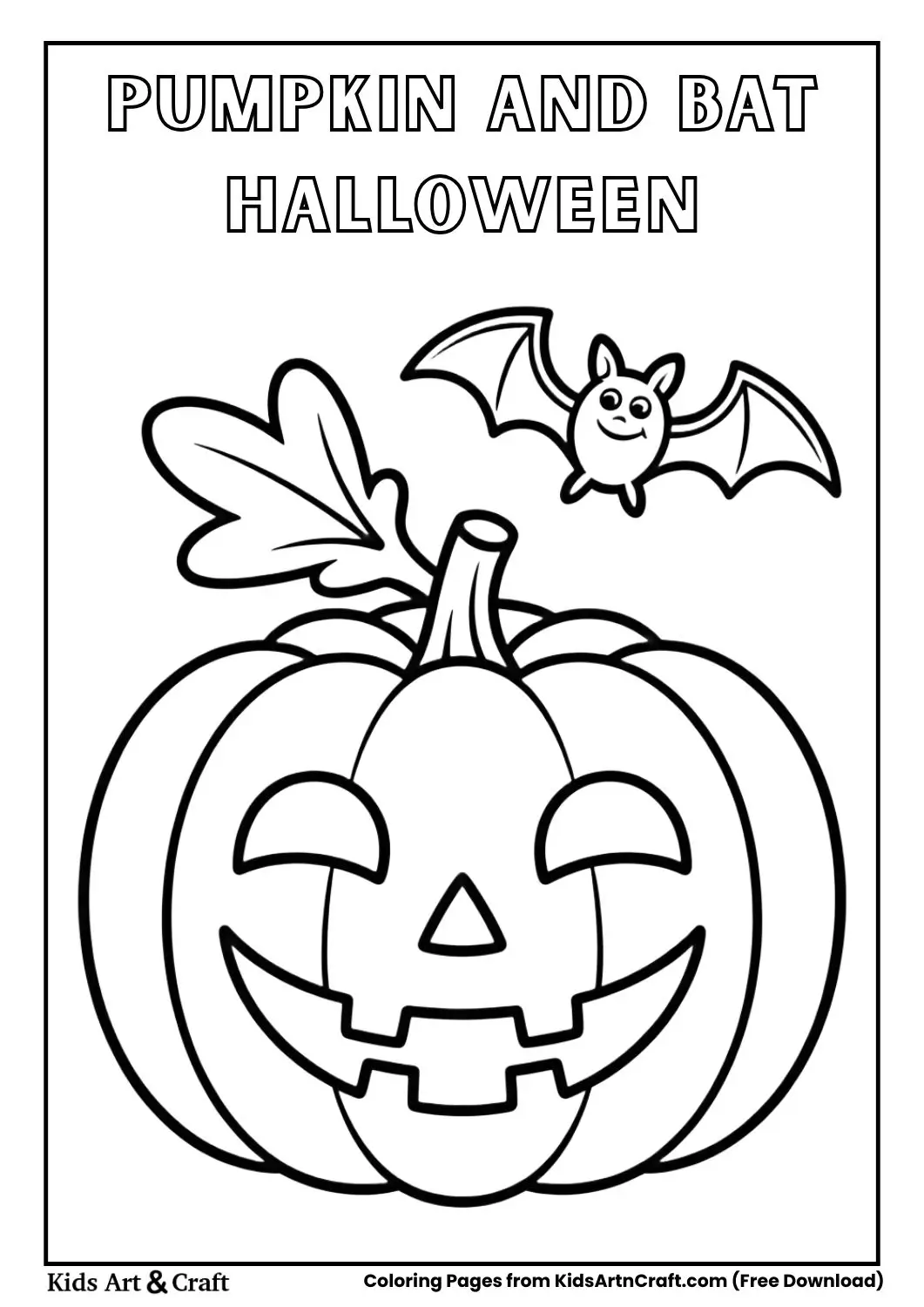 Halloween pumpkin with flying bat coloring page for children