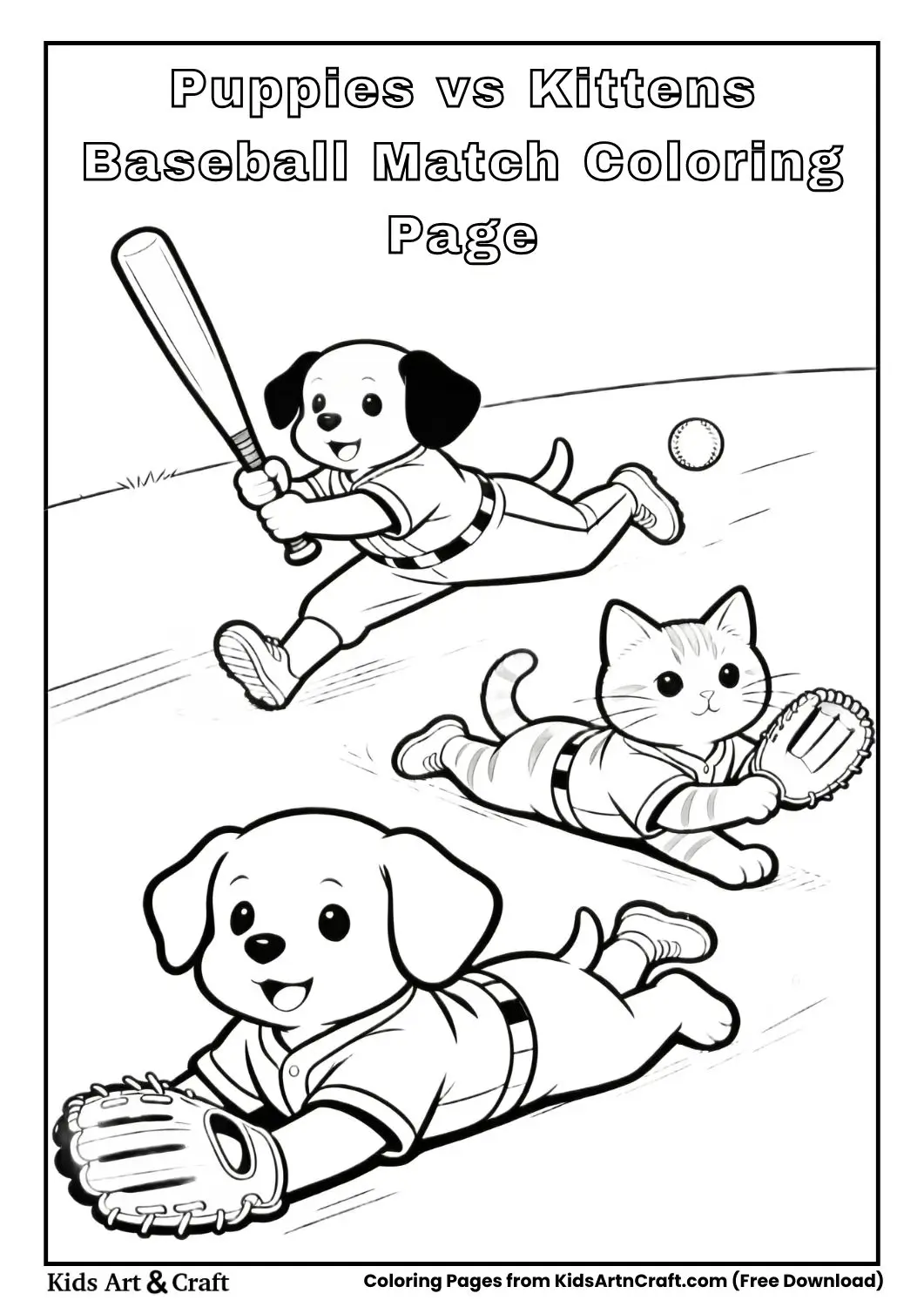 Cute puppy and kitten teams playing baseball in black and white line art
