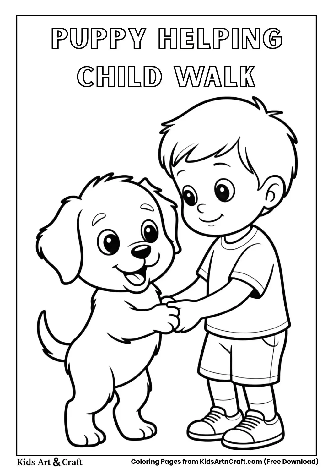 Cute puppy helping a child walk hand in hand black and white coloring page