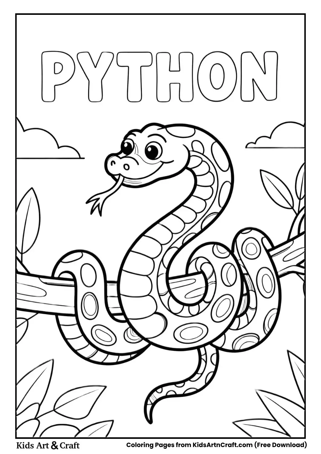Cartoon python wrapped around tree branch, black and white coloring page