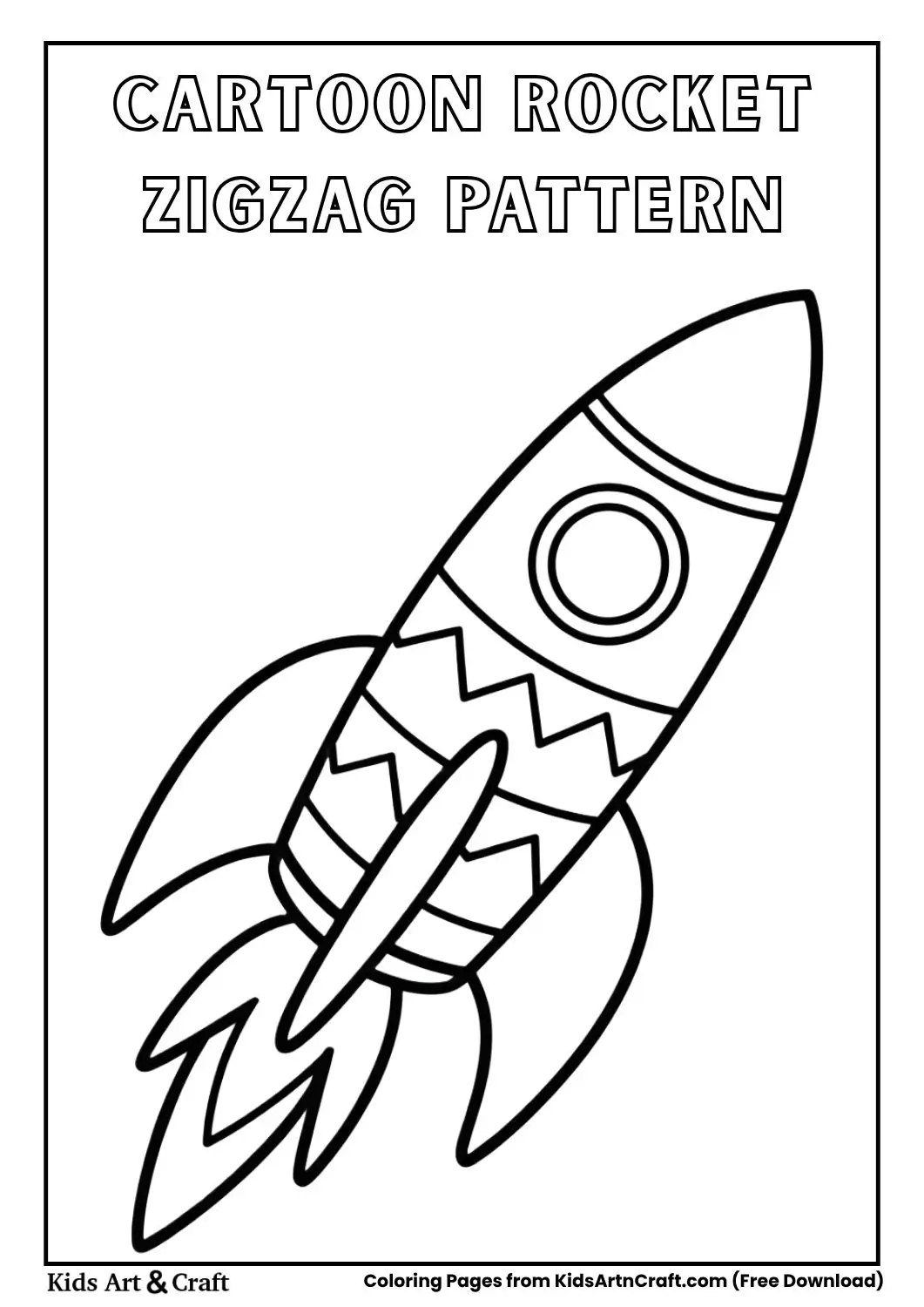 cartoon rocket with zigzag patterns black and white coloring page for children