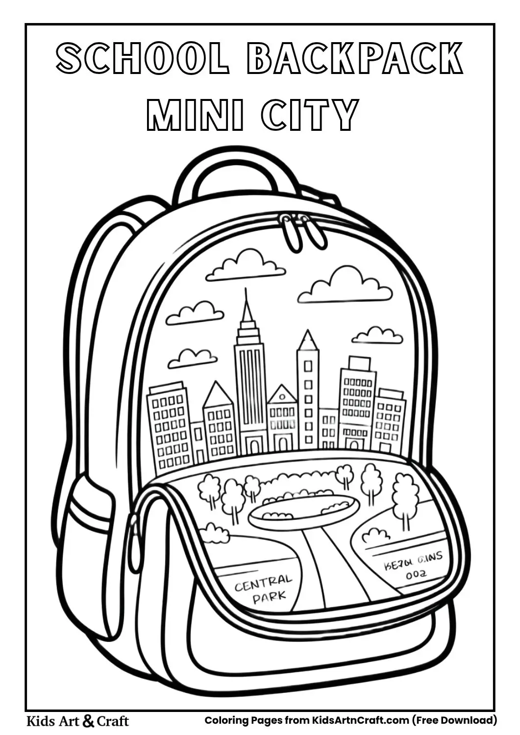 school backpack with mini city inside coloring page for kids