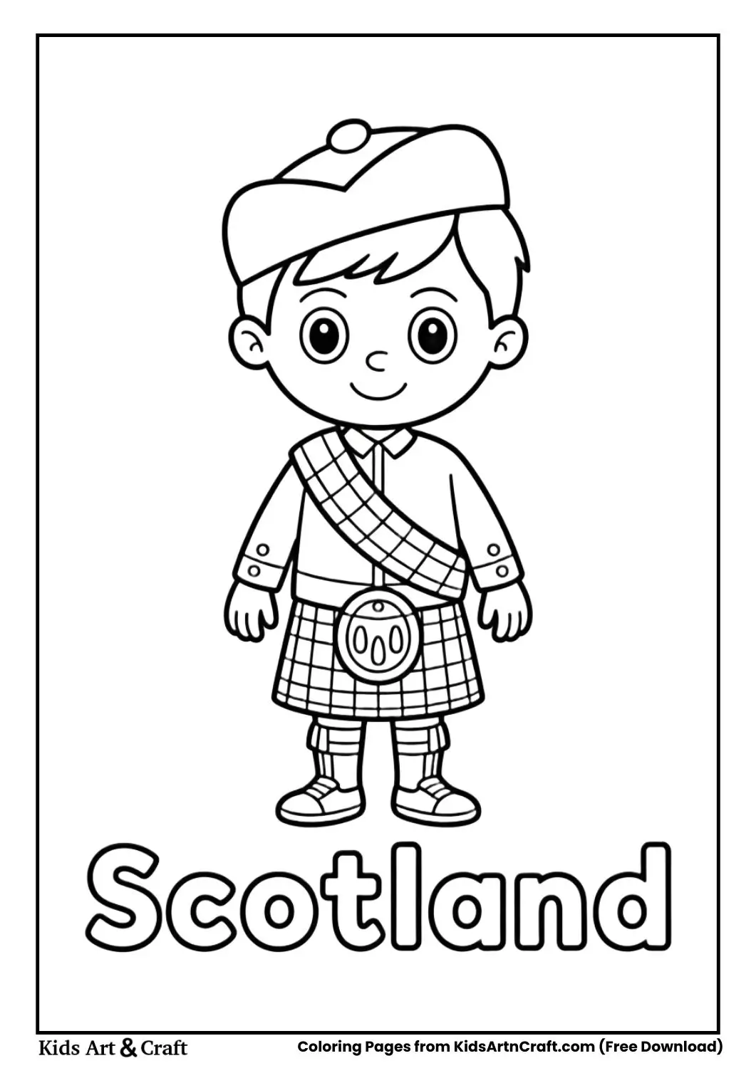 Boy wearing traditional Scottish kilt coloring page with country name Scotland