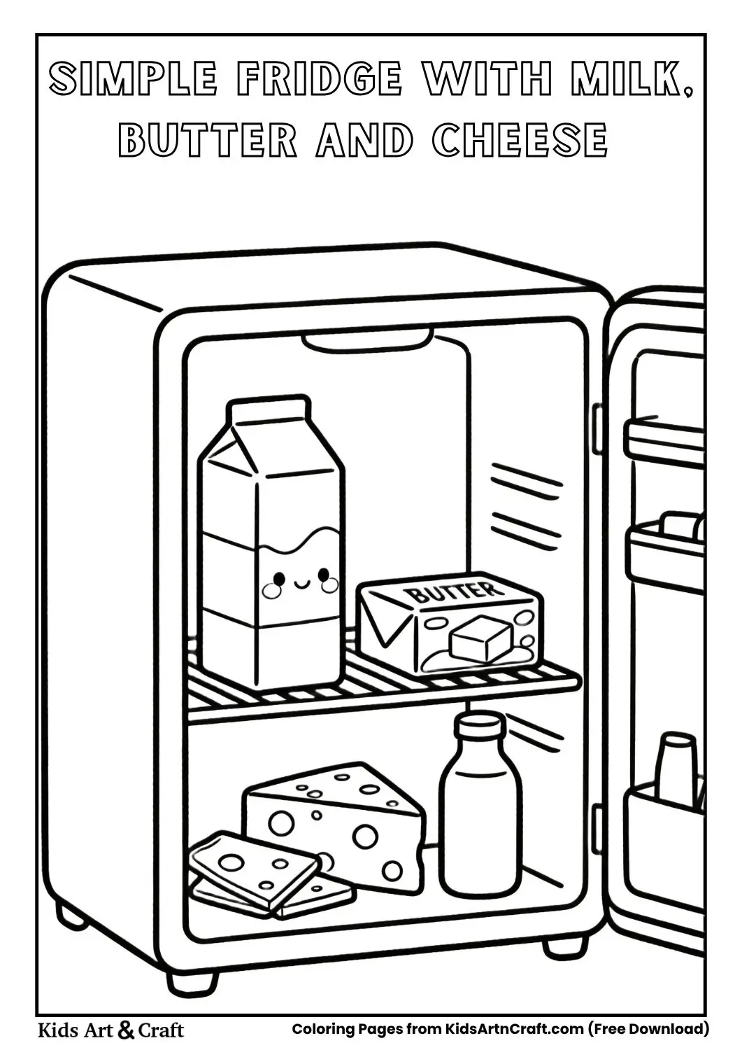simple open fridge with milk butter cheese and juice bottle coloring page for kids