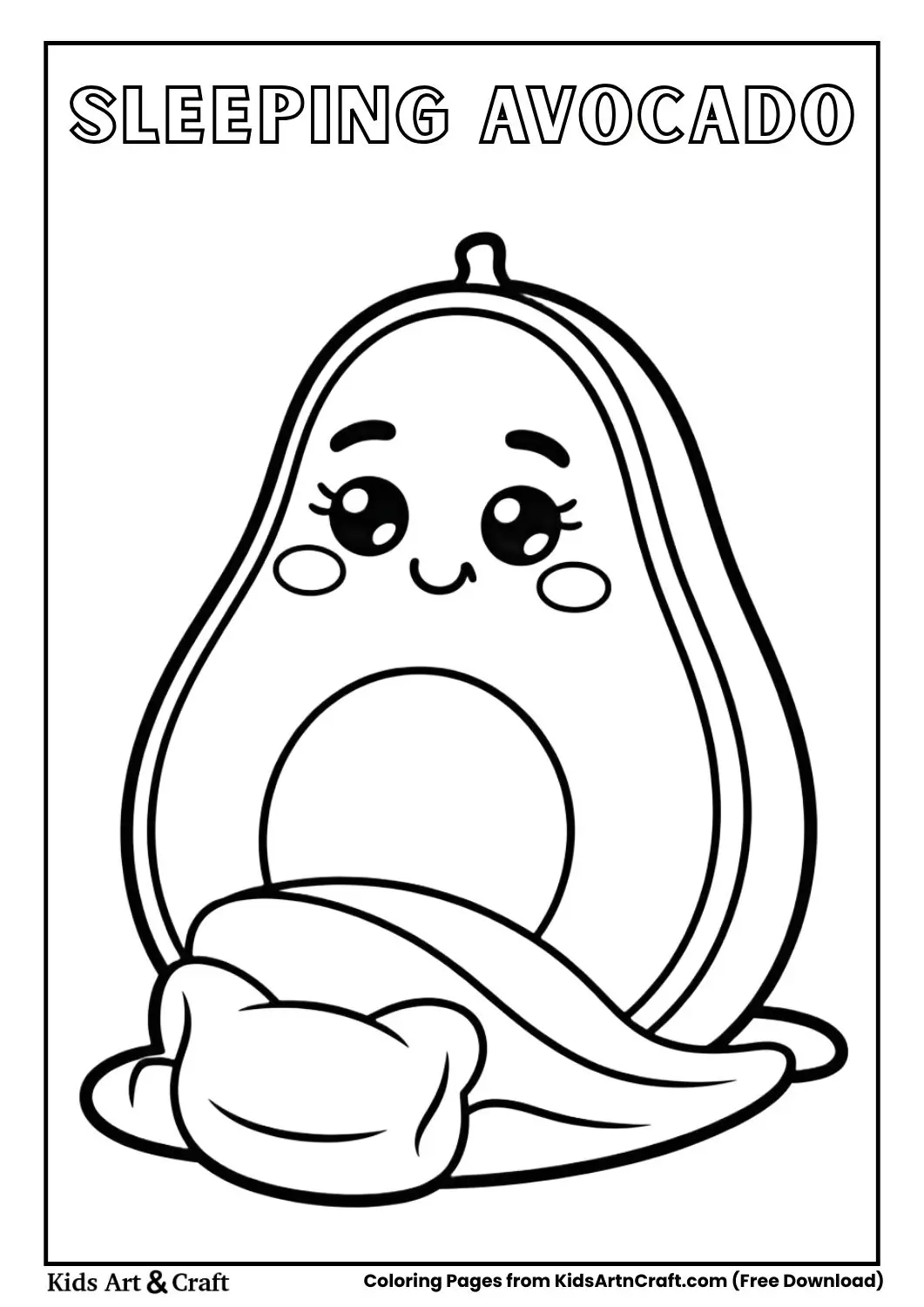 Cute sleeping avocado with pillow black and white coloring page